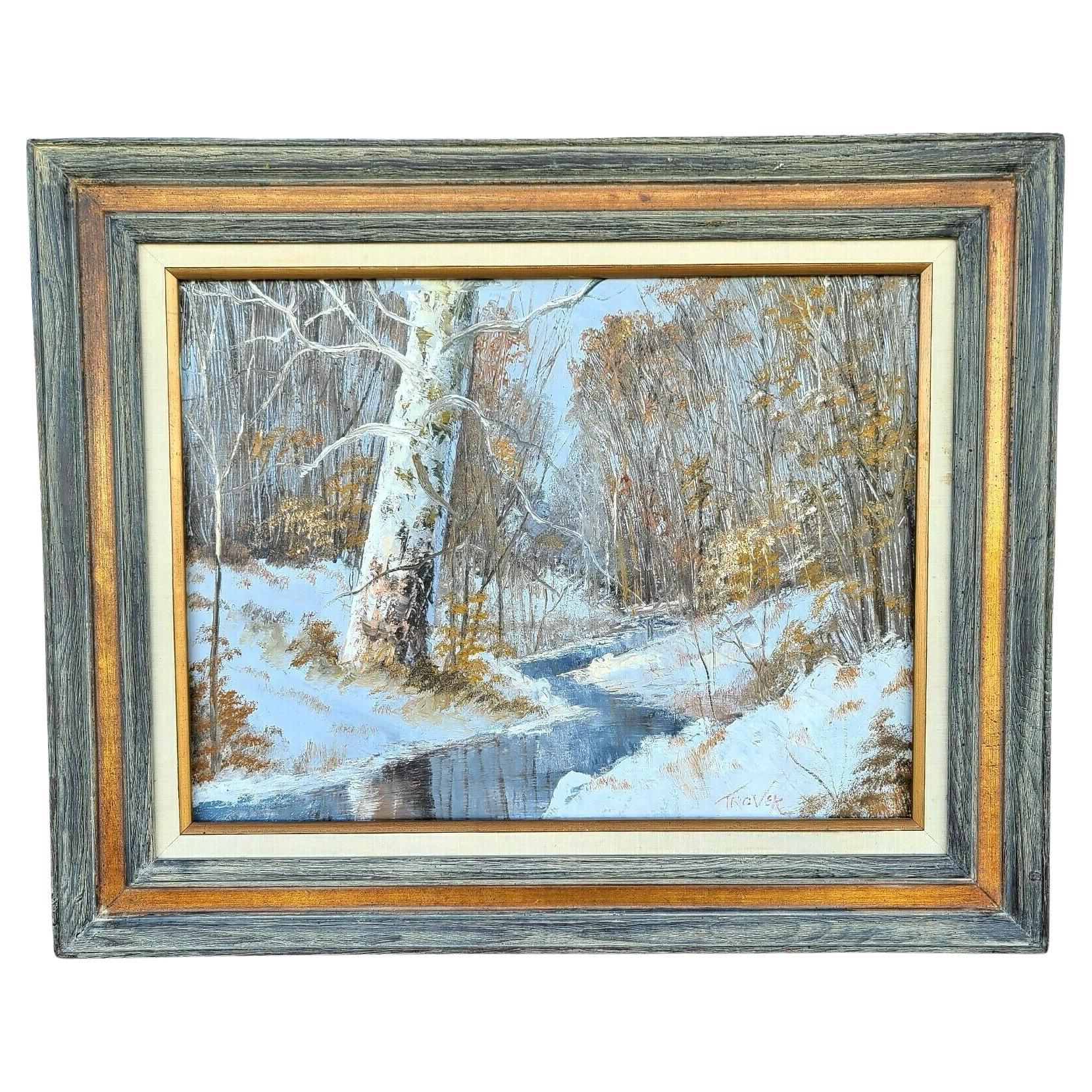 Peinture à l'huile originale signée Joseph Trover représentant un paysage d'hiver