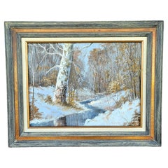 Retro Original Signed Joseph Trover Oil Painting of Winter Landscape
