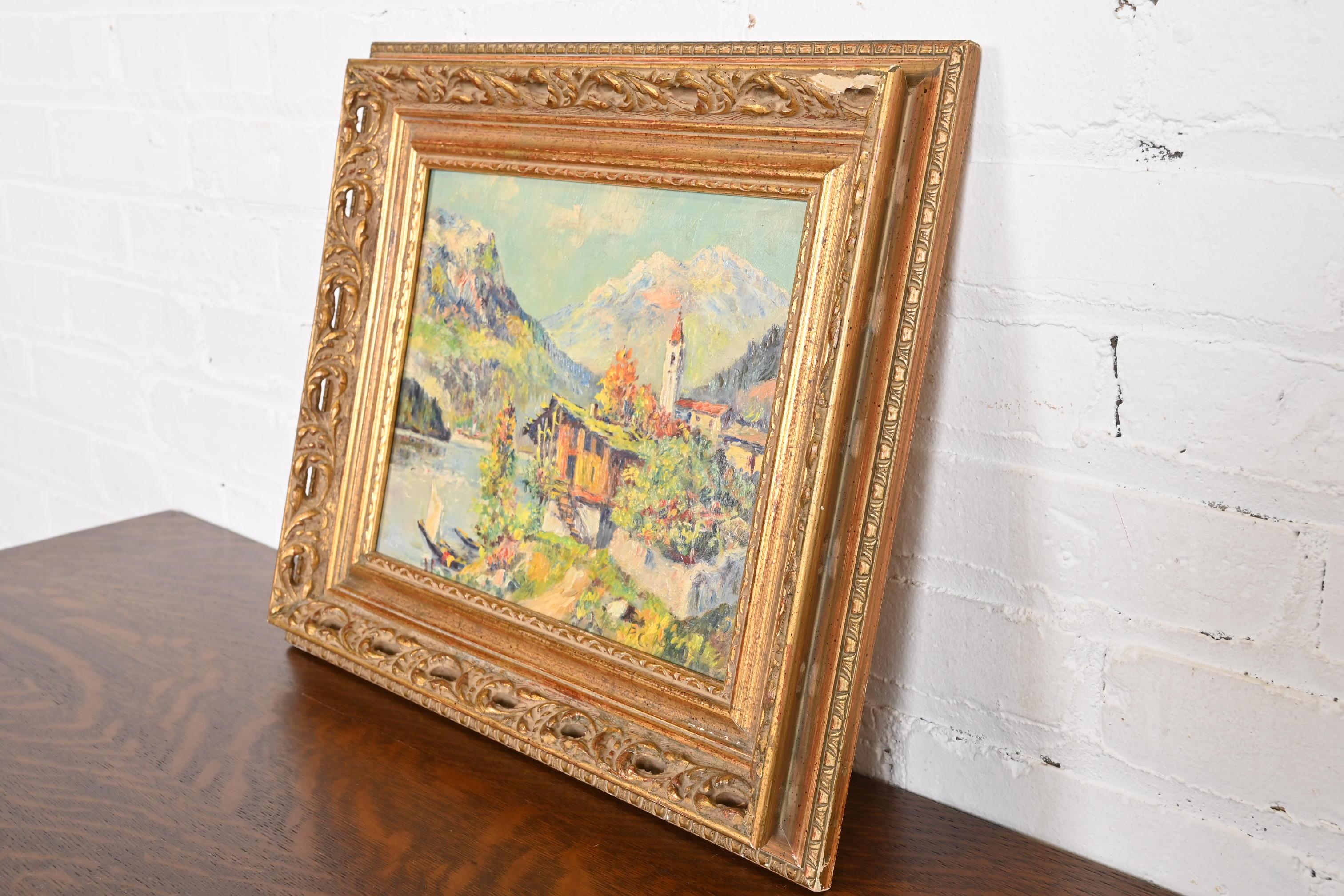 Original signiert Lakeside Mountain Landschaft Gemälde in geschnitzten Giltwood Frame (Volkskunst) im Angebot