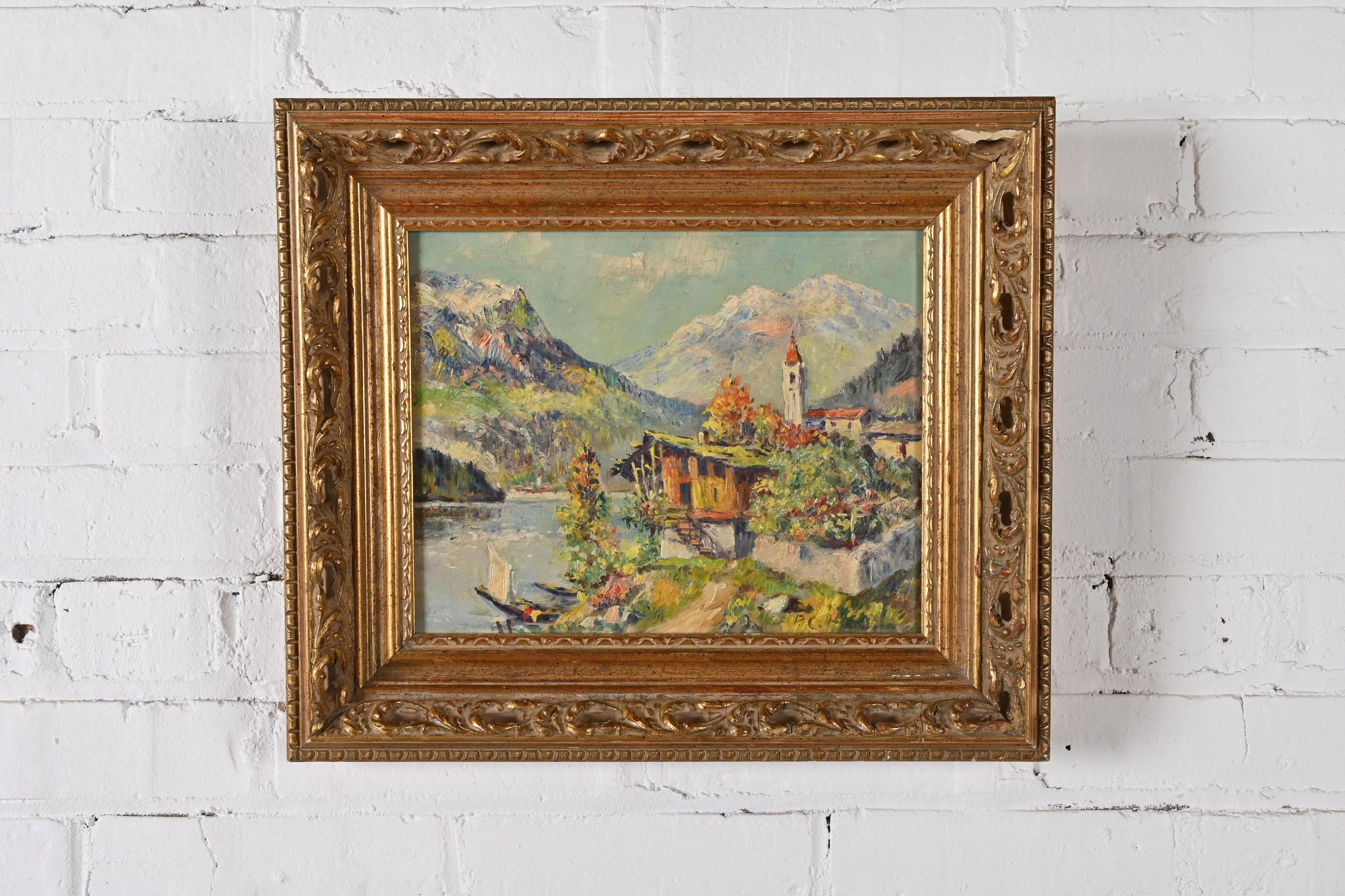 Original signiert Lakeside Mountain Landschaft Gemälde in geschnitzten Giltwood Frame (amerikanisch) im Angebot