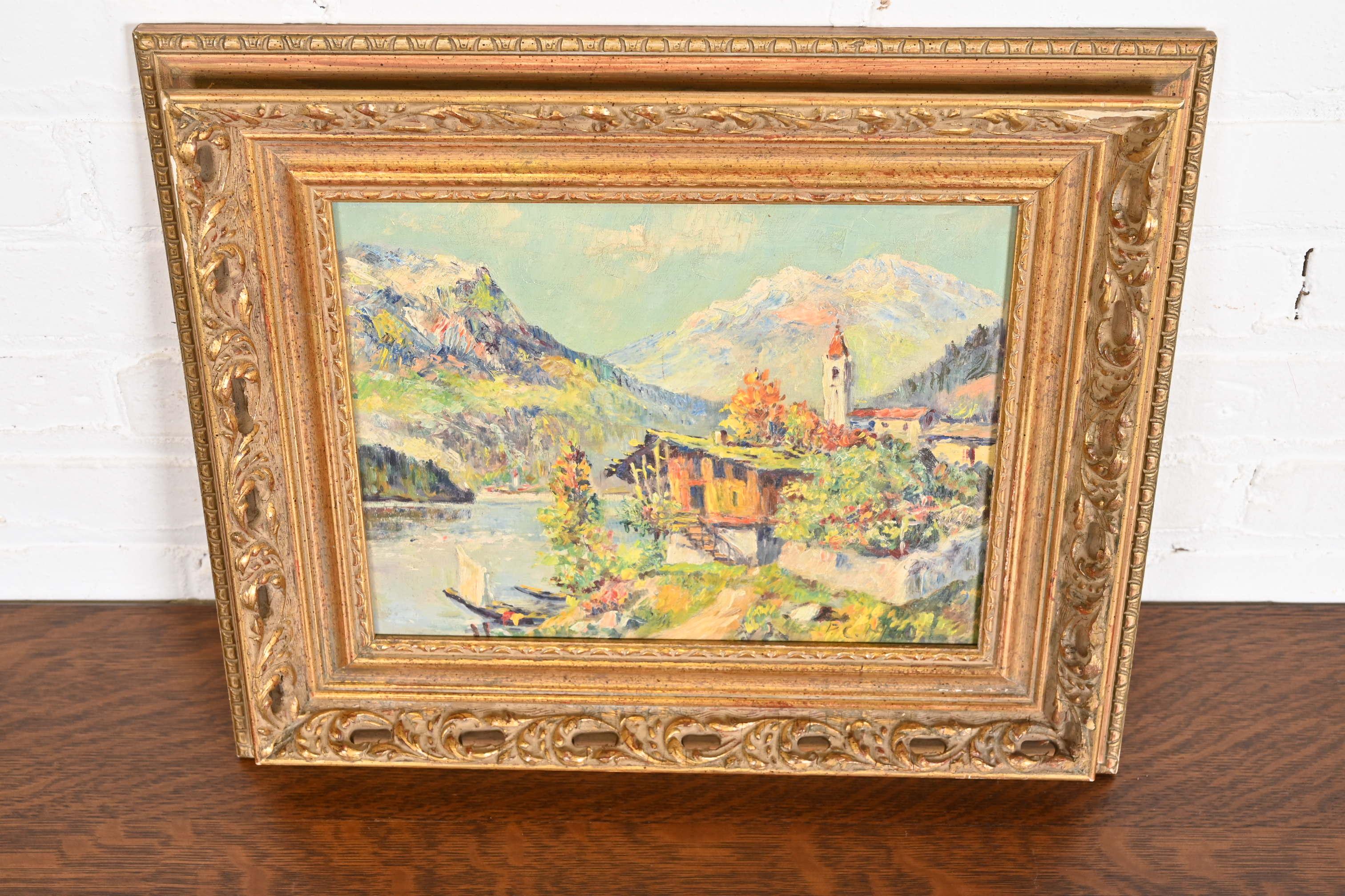 Original signiert Lakeside Mountain Landschaft Gemälde in geschnitzten Giltwood Frame im Zustand „Gut“ im Angebot in South Bend, IN