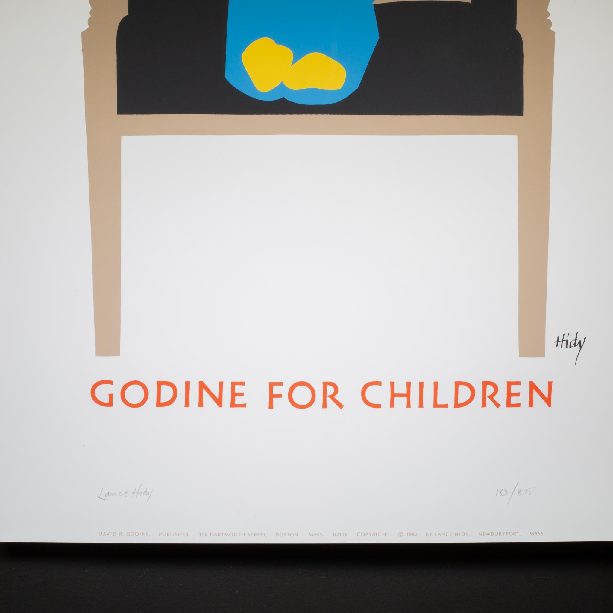 ABOUT

Original Godine for Children, 6-color silkscreen on archival paper. Signed by artist and limited edition. Two available: #183/875 and #185/875. 

    CREATOR Artist: Lance Hidy (b.1946). Godine Publisher, Boston, Mass.
    DATE OF MANUFACTURE
