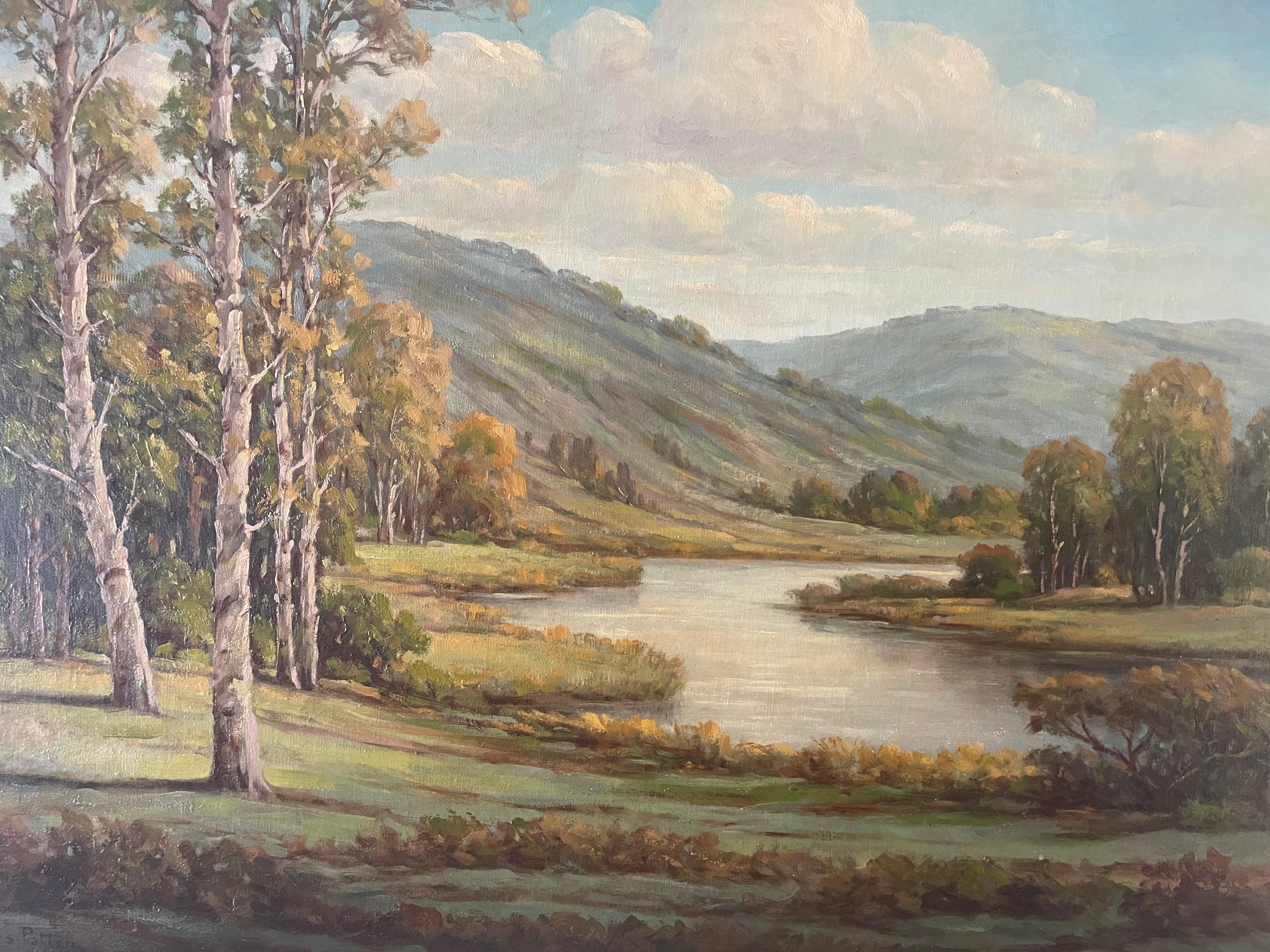 Large Tom Patten oil on canvas in tasteful vintage wooden frame. Signed by the artist at bottom.