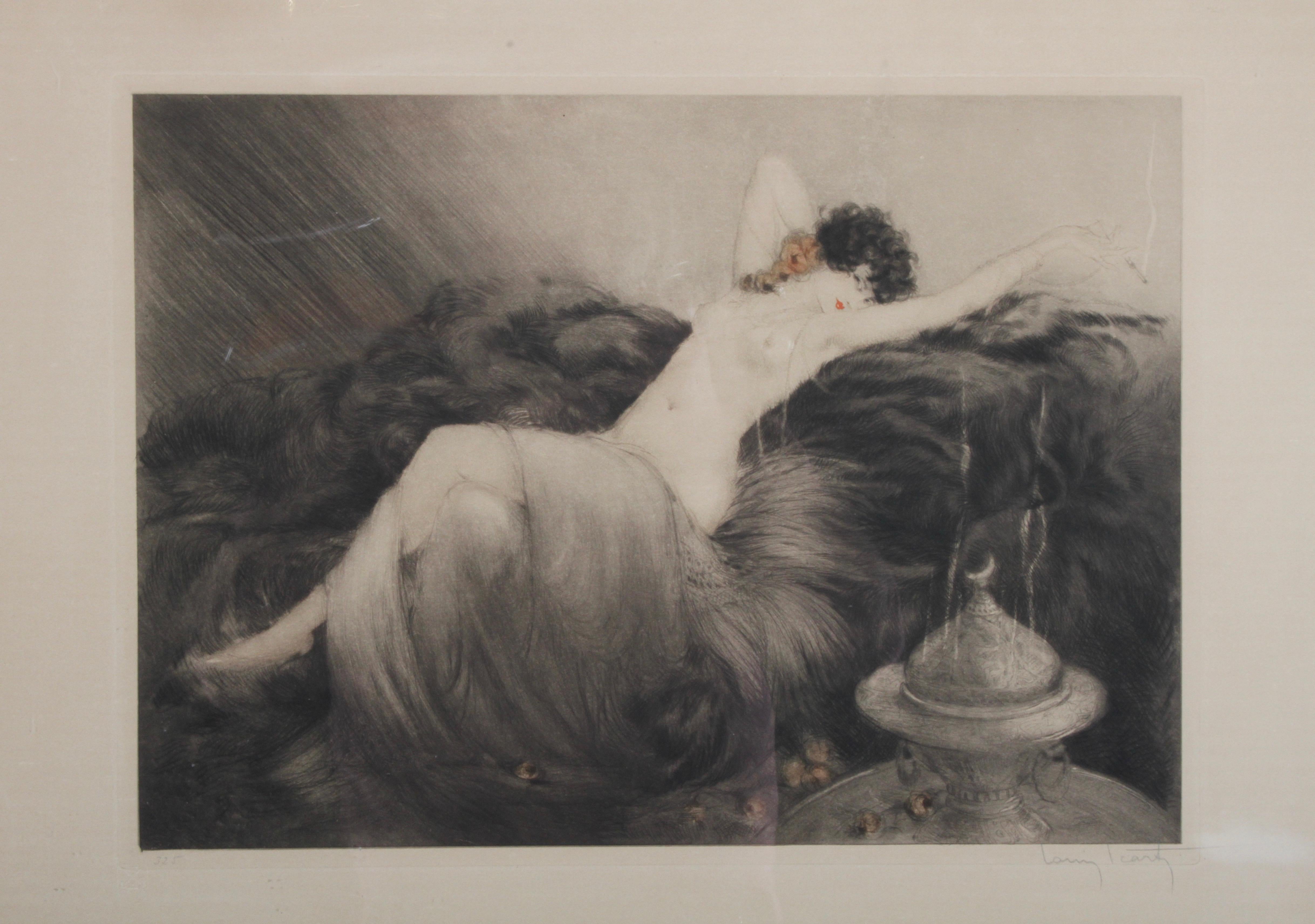 Louis Icart (1888-1950) artiste qui a travaillé en Amérique et en France. Cette eau-forte et aquatinte érotique imprimée en couleur et à la main intitulée 