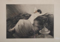 Original Signed Louis Icart Etching Titled "Idleness" or Laziness" Bear Rug 1925