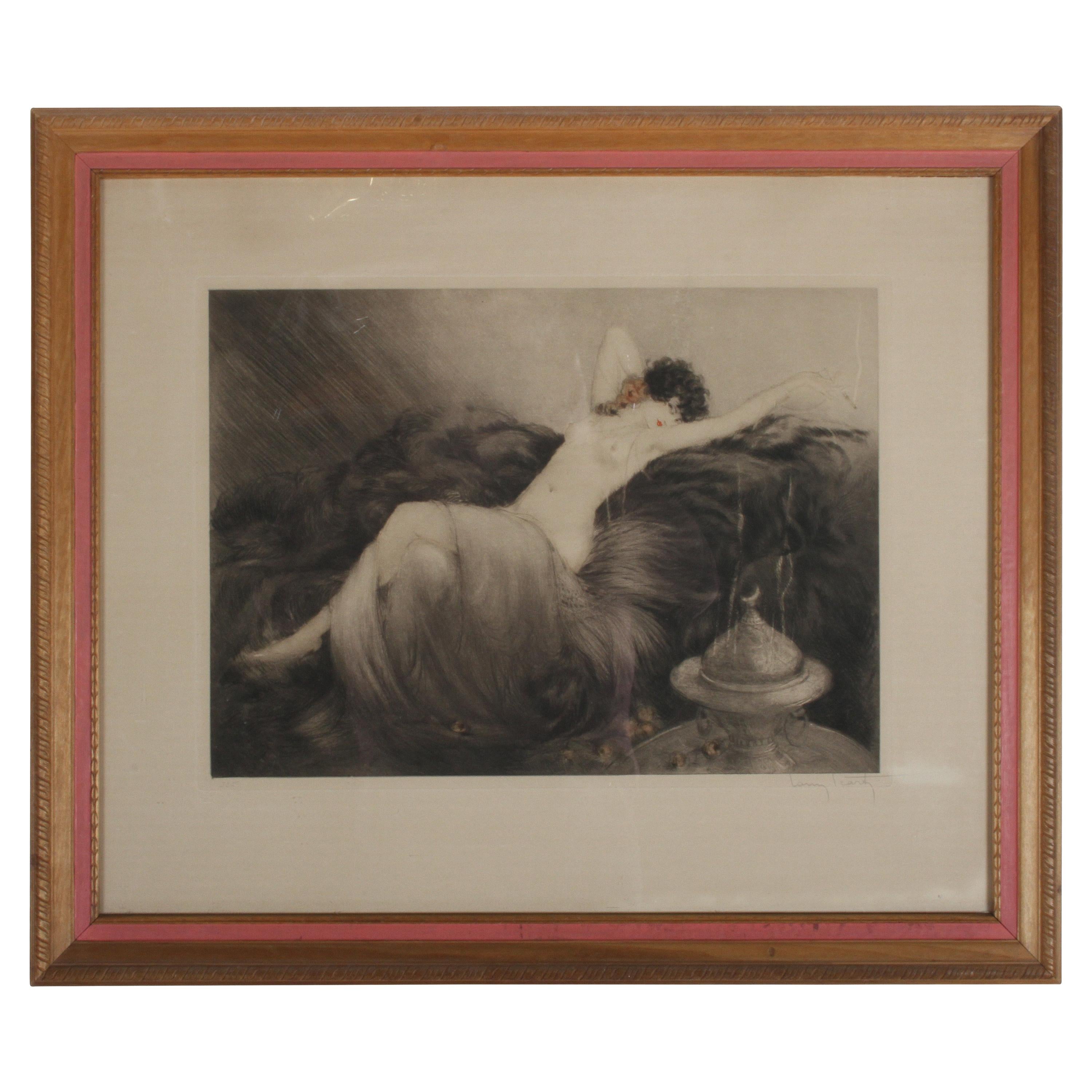 Original Signed Louis Icart Etching Titled "Idleness" or Laziness" Bear Rug 1925
