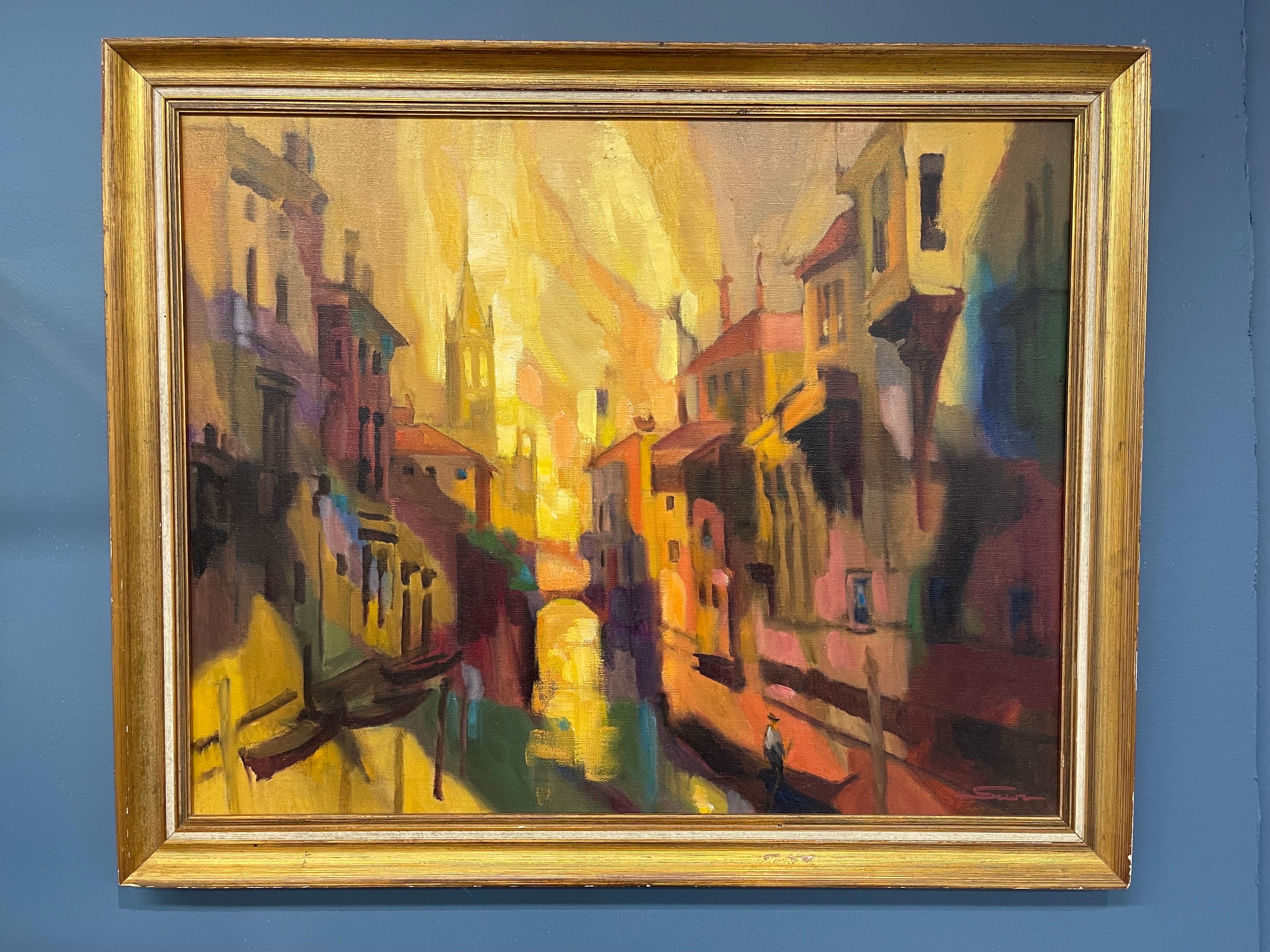 Iconic Mid-Century Modern abstract painting, signed by the artist at bottom right. Looks to be a cityscape them, perhaps of an Italian town/city. No provenance.
Great colors and scale. Medium is oil on canvas.