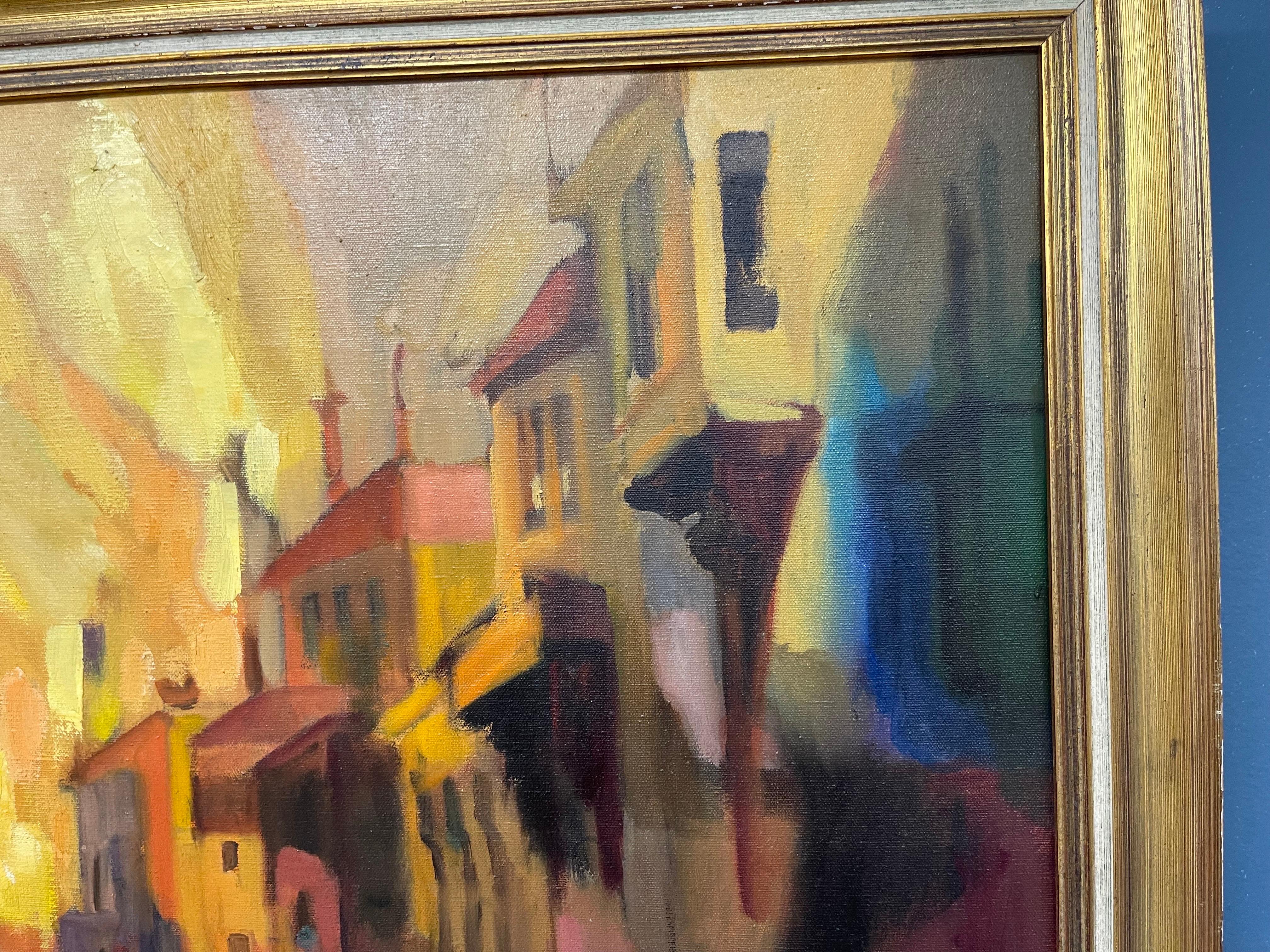 Late 20th Century Original Signed Mid-Century Abstract Oil Painting Cityscape, Italy