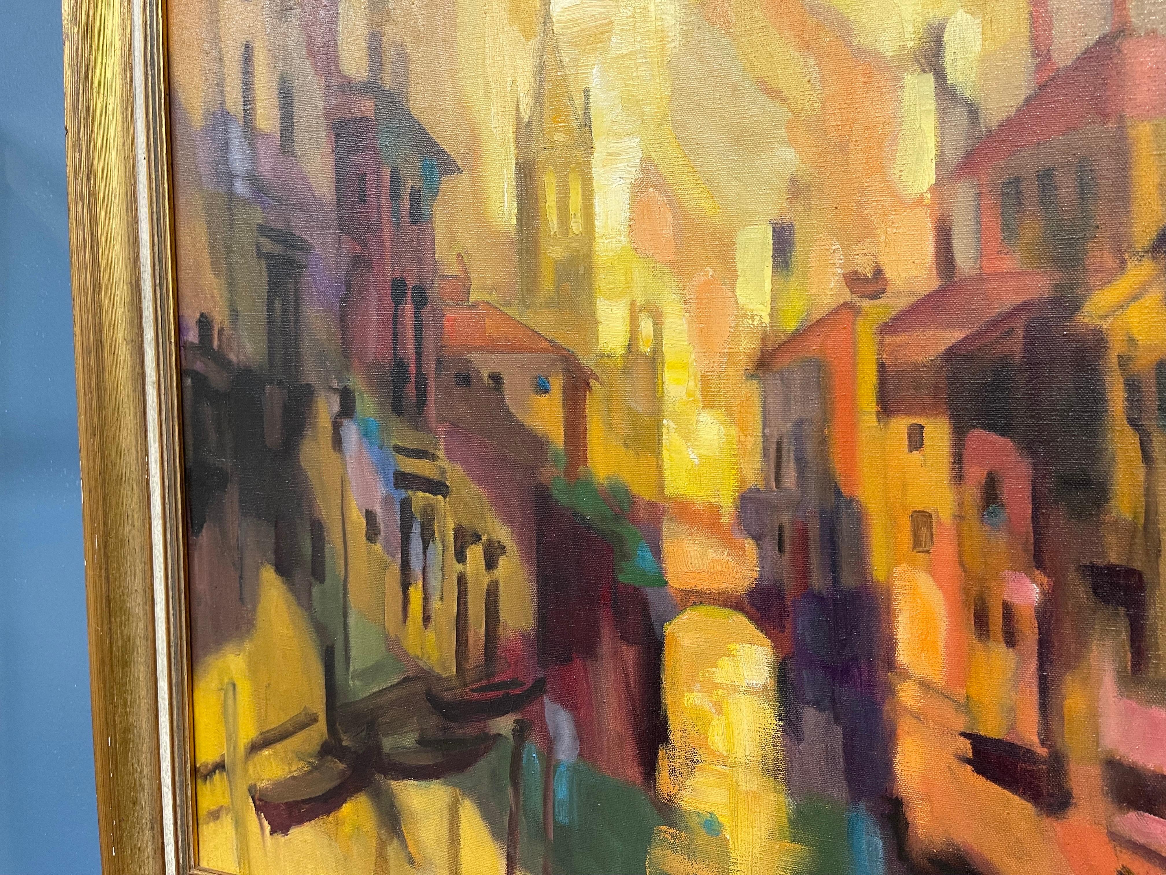 Original Signed Mid-Century Abstract Oil Painting Cityscape, Italy 1