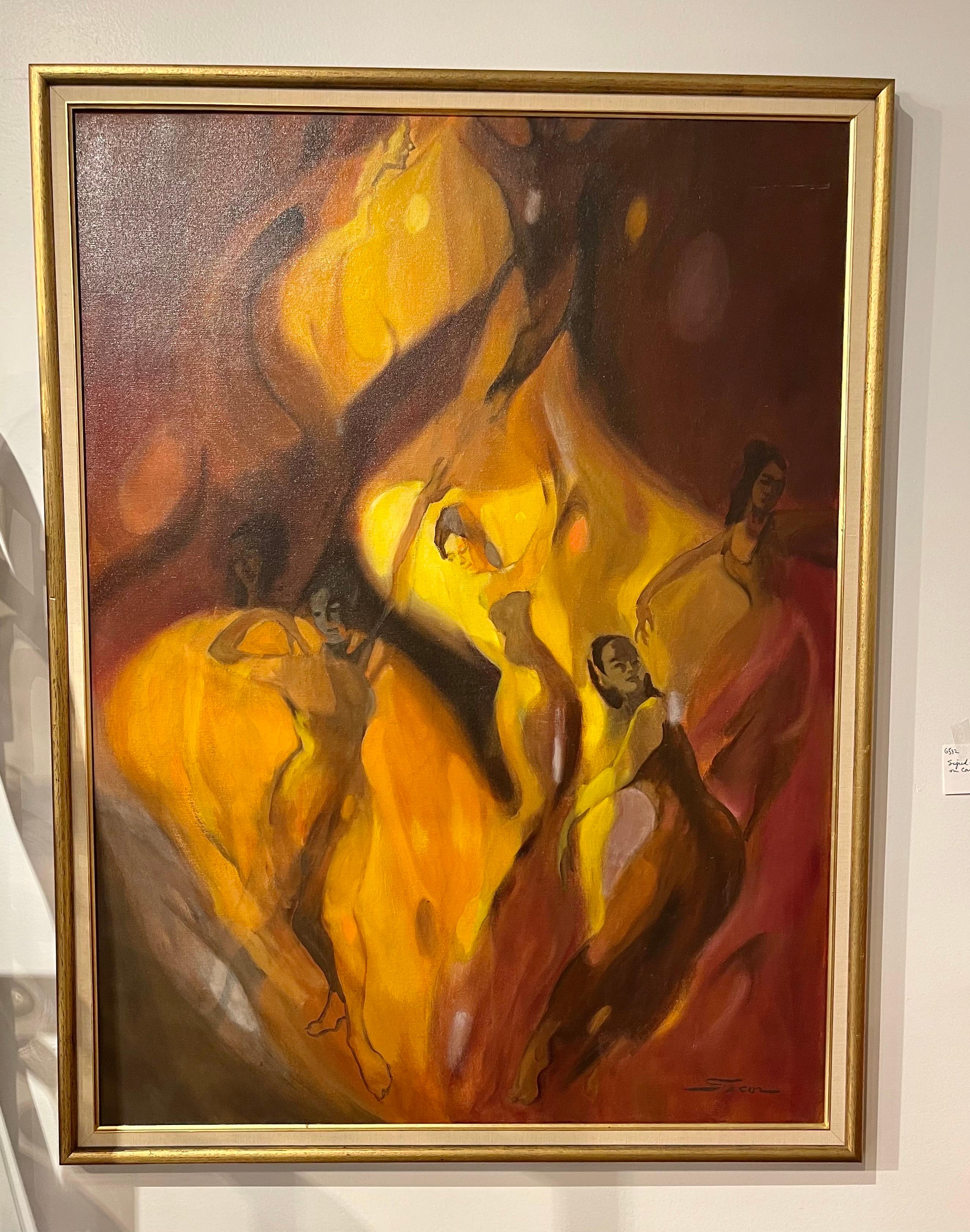 Iconic mid-century signed original oil on canvas. Signature on bottom right.
Features subtle dancing Bond girls throughout when you look closely. Why not own the best?
