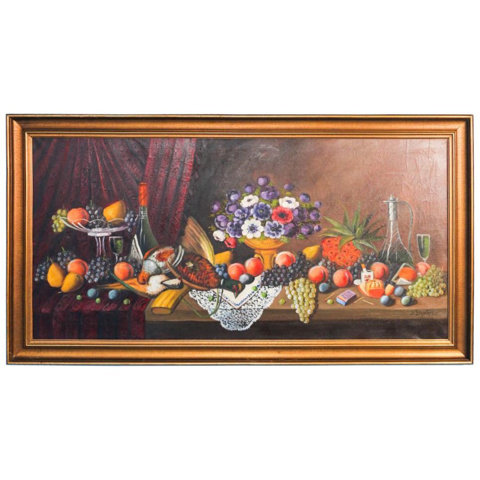 Original Signed Oil on Canvas Painting of Banquet Table Still Life
