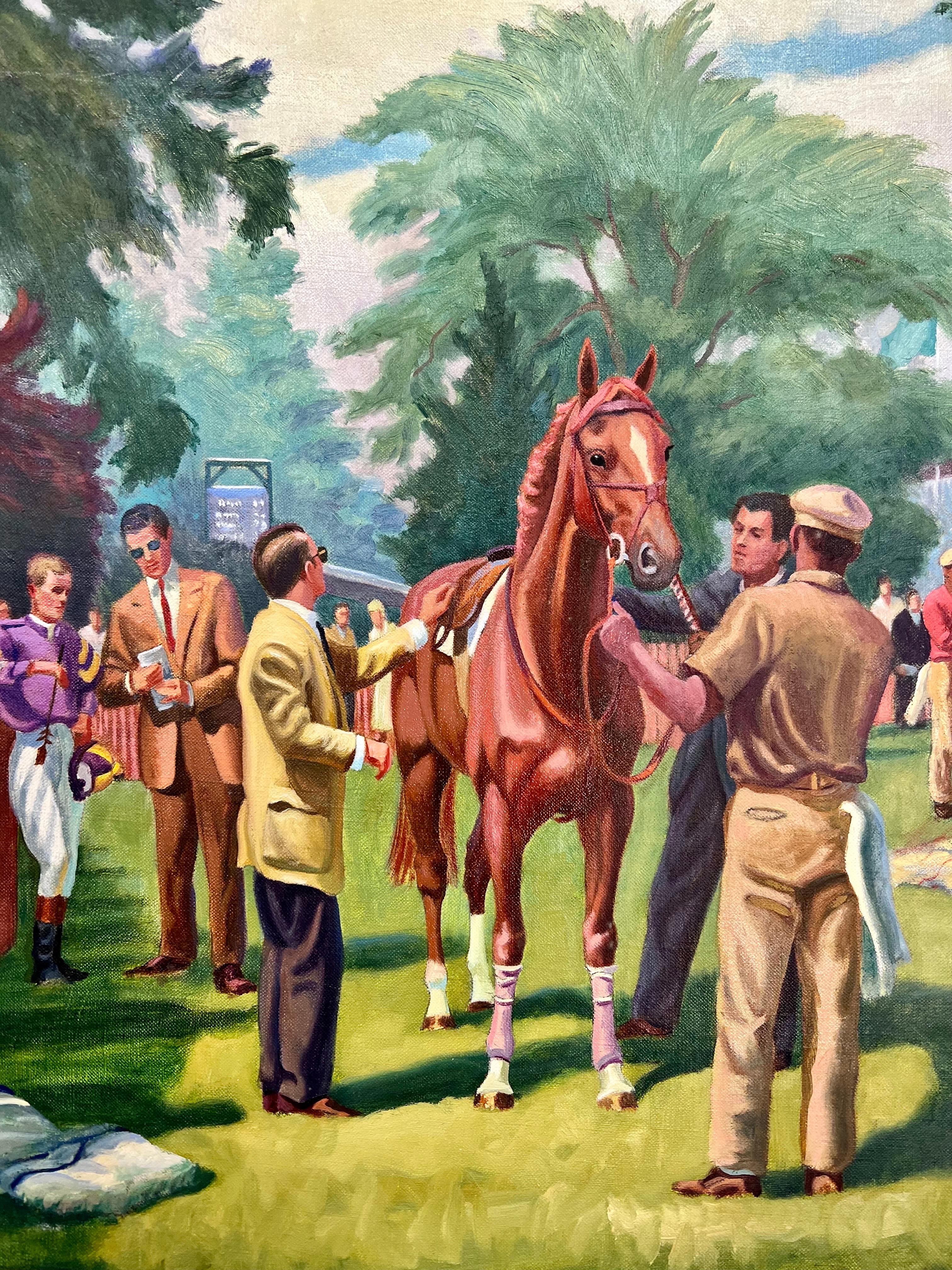 Original oil painting by noted New England artist E. Tomasiewicz depicting horses before the steeplechase. Displayed in a wood and gold frame. Signed and dated lower right, 1957.