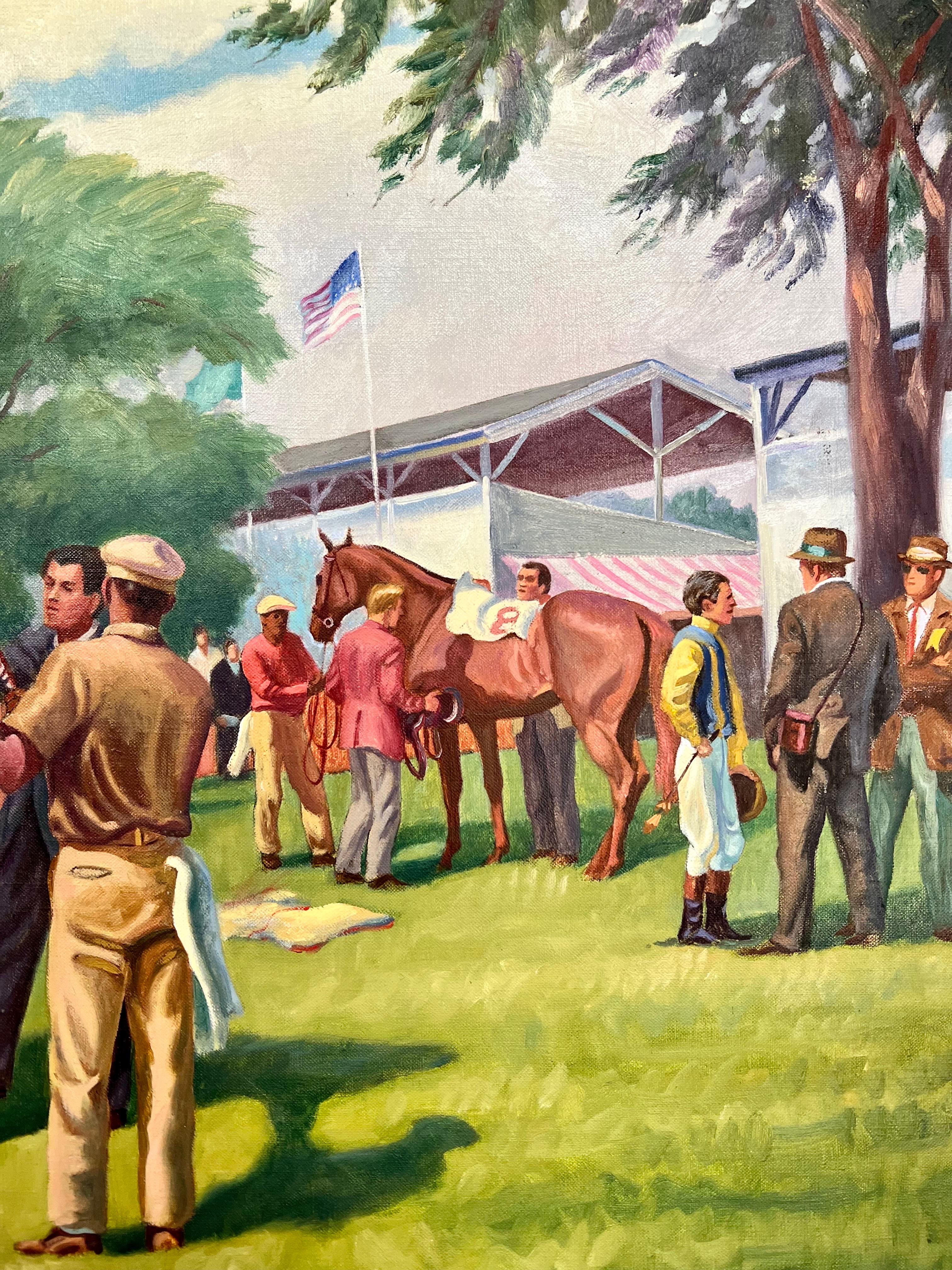 American Original Signed Oil Painting Before the Steeplechase Horse Race For Sale