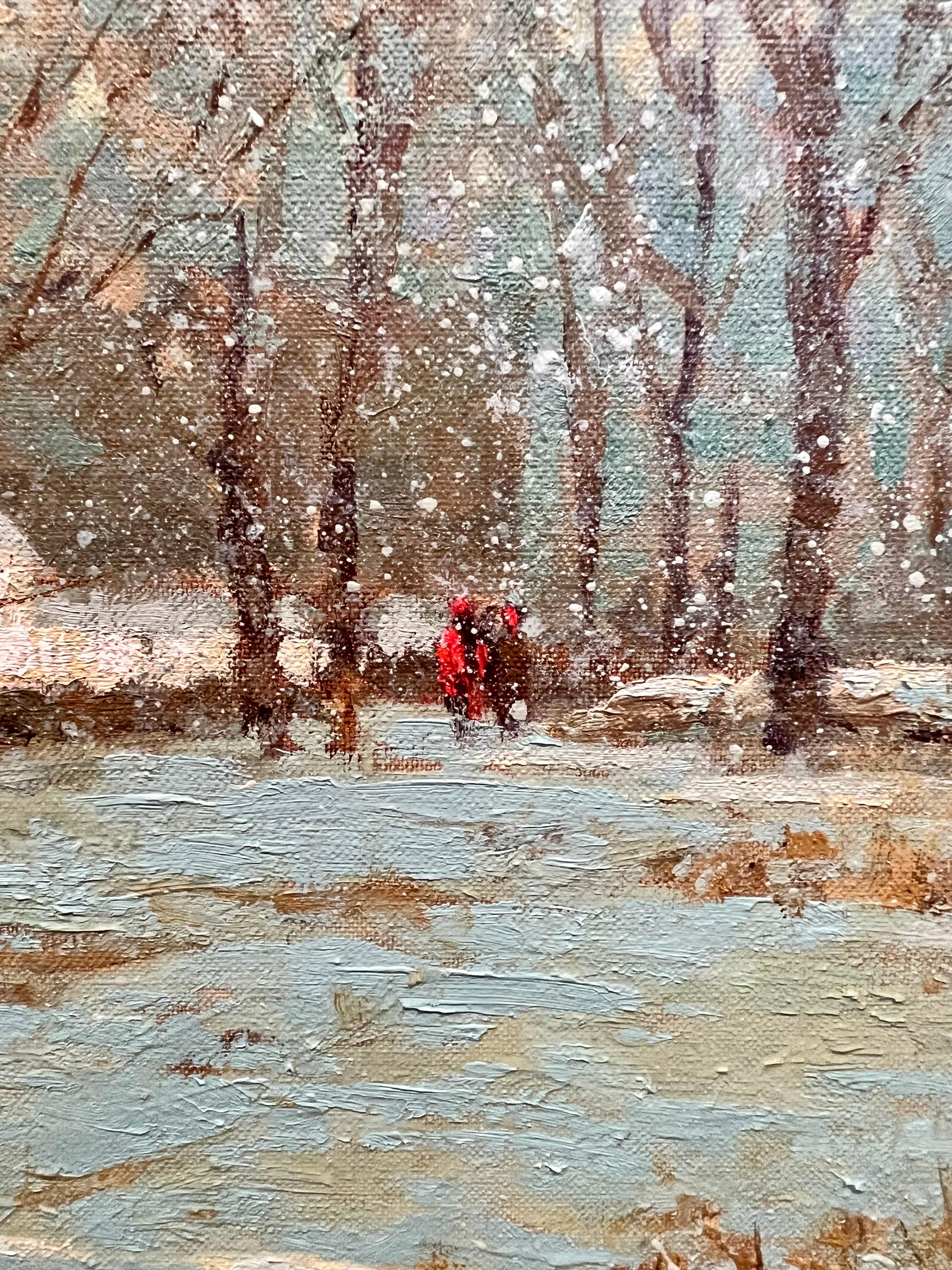 Step into the serene world of winter through Deborah Cotrone's masterful brushstrokes. In her impressionist oil painting, a snow-covered landscape comes alive with the soft play of light and shadow. With delicate strokes, Cotrone captures the hushed