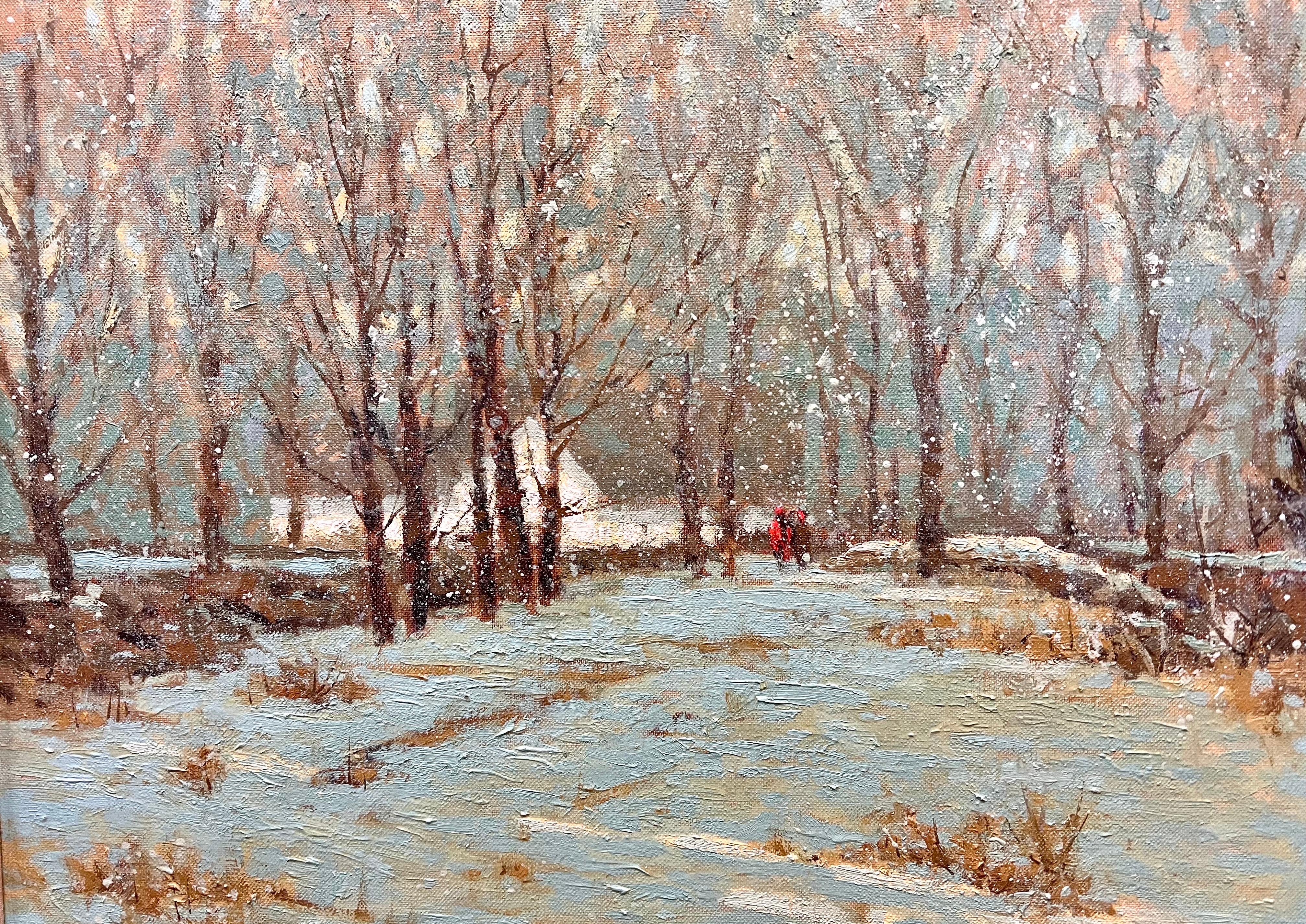 Canvas Original Signed Oil Painting of a Snow Scene By Listed Artist Deborah Cotrone For Sale