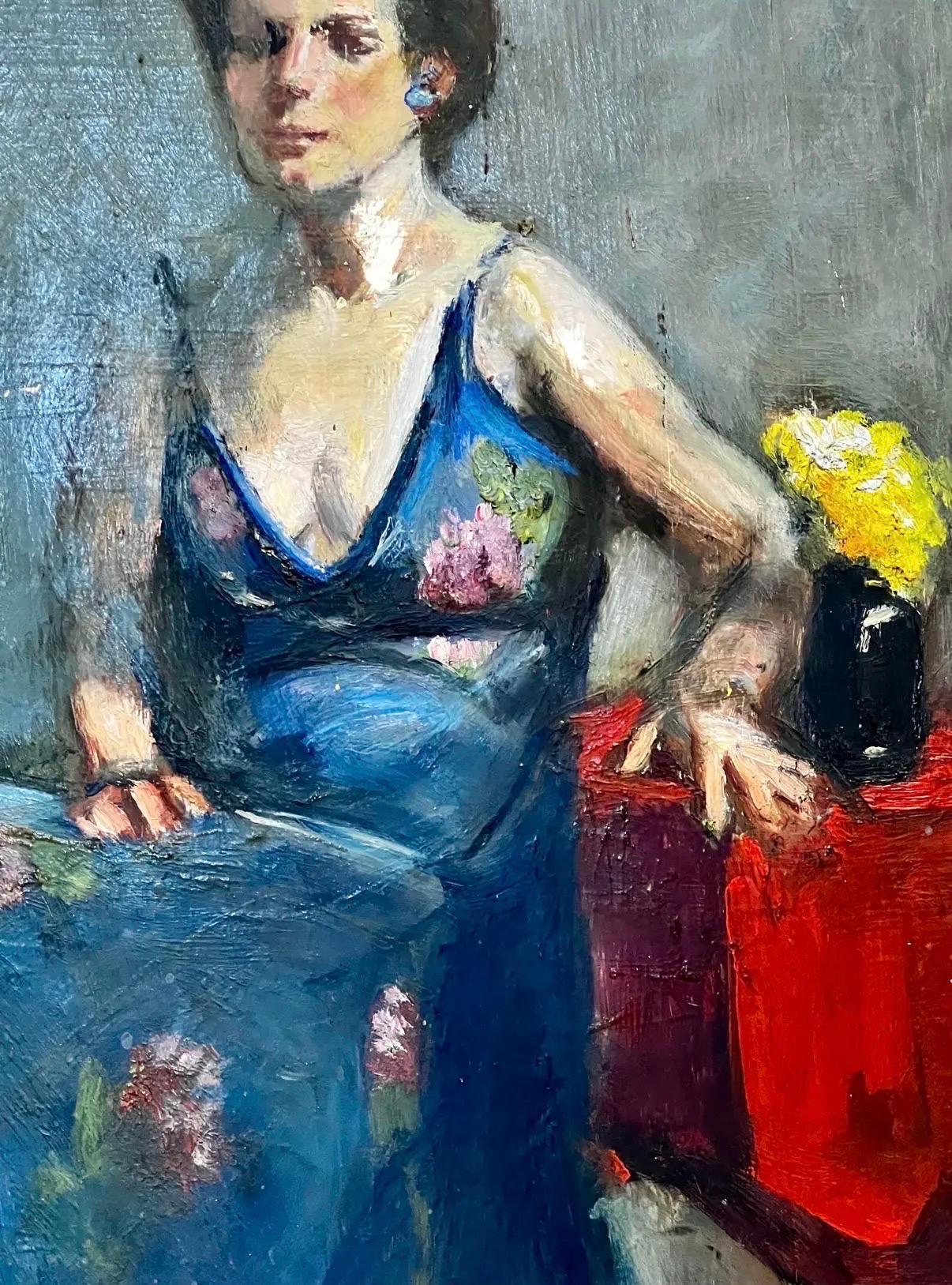 Lovely original impressionist oil on canvas painting of a woman seated in a blue floral dress,  Signed illegibly at lower right.  Displayed in original giltwood frame.