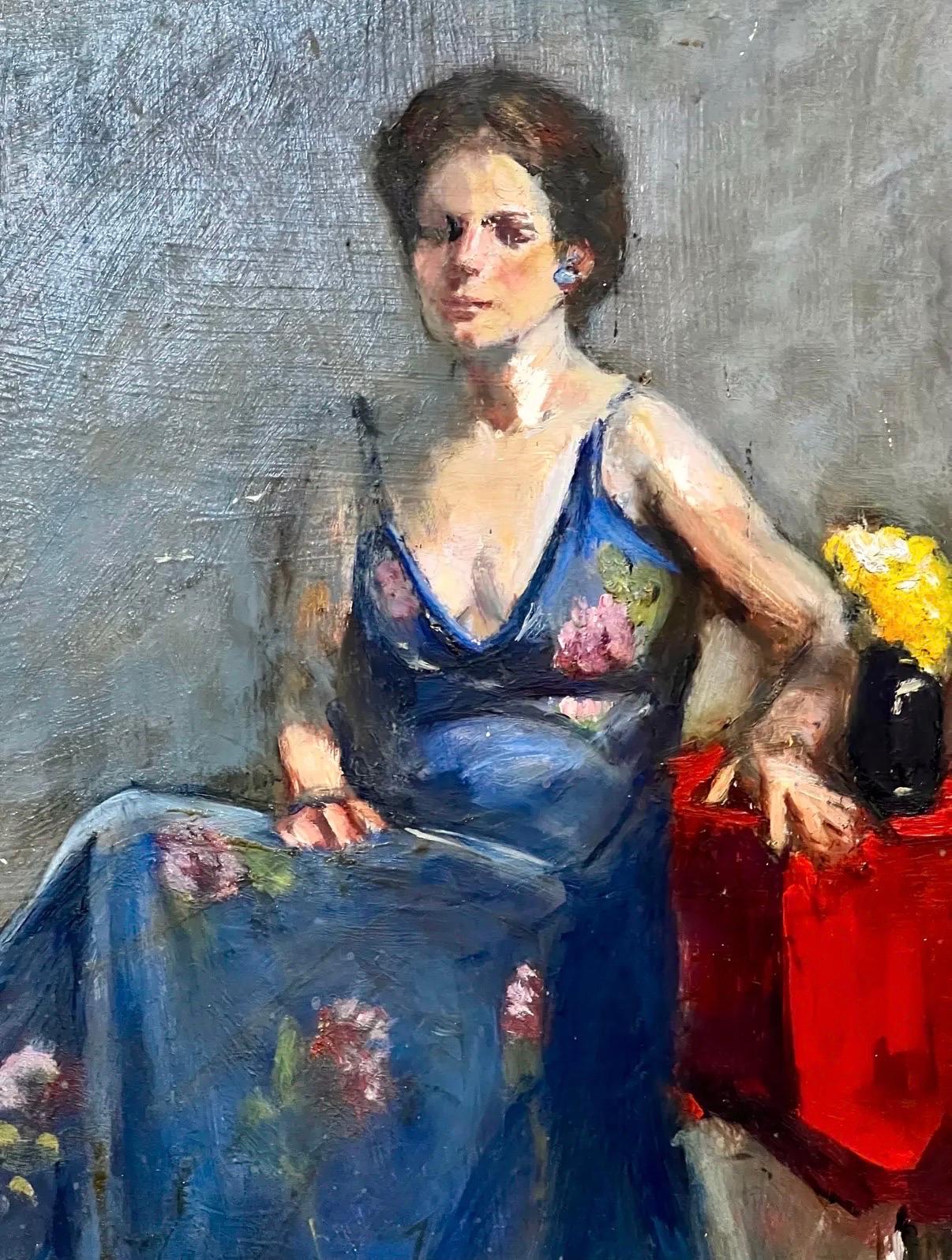Mid-Century Modern Original Signed Oil Painting Portrait of Woman Seated in Blue Dress Mid Century For Sale