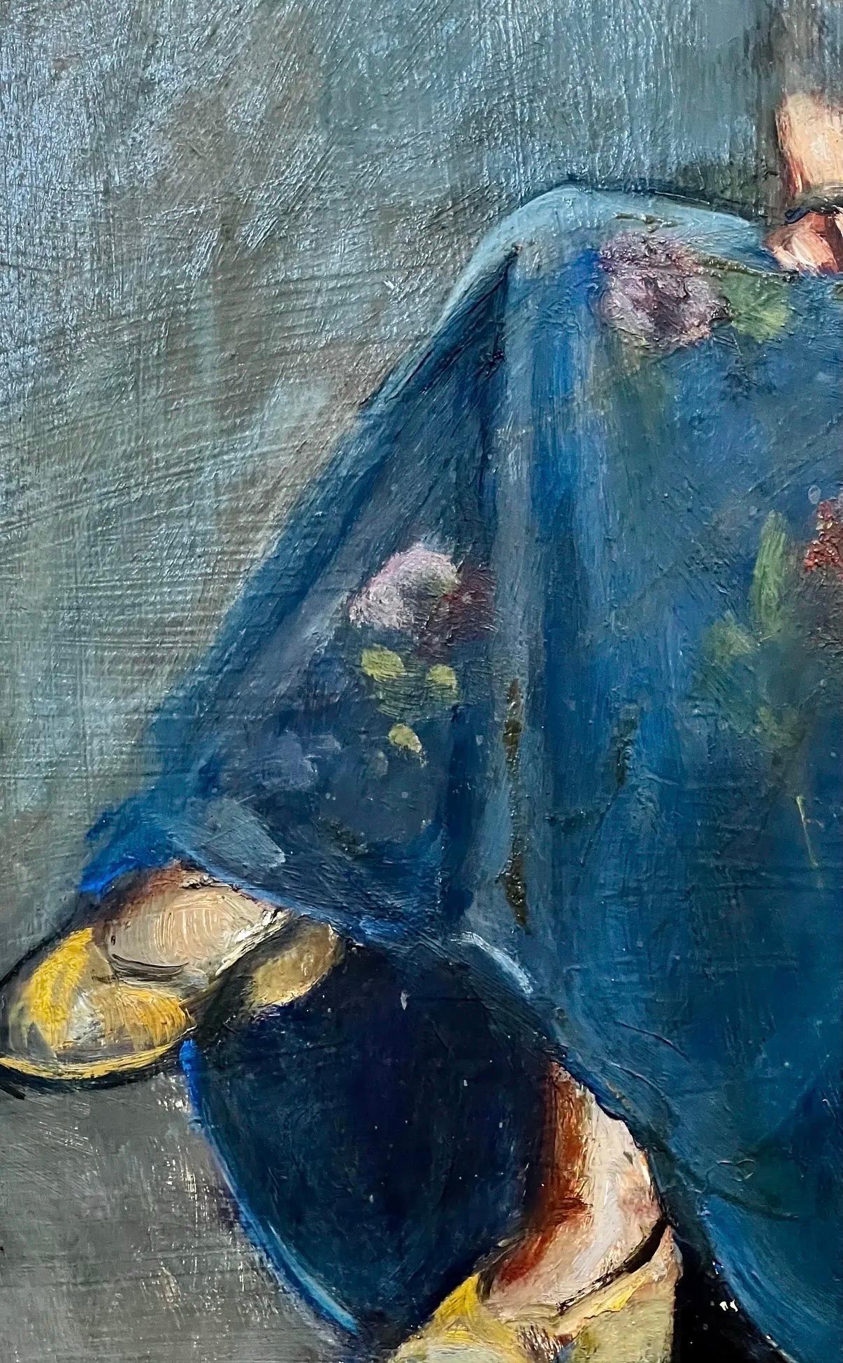 Original Signed Oil Painting Portrait of Woman Seated in Blue Dress Mid Century In Good Condition For Sale In West Hartford, CT