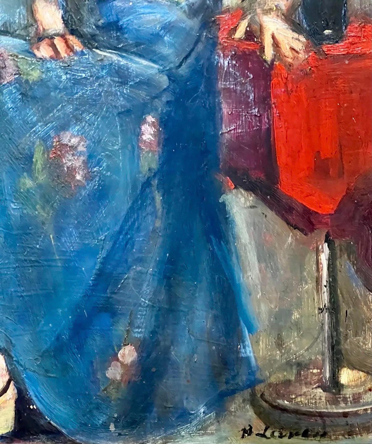 20th Century Original Signed Oil Painting Portrait of Woman Seated in Blue Dress Mid Century For Sale