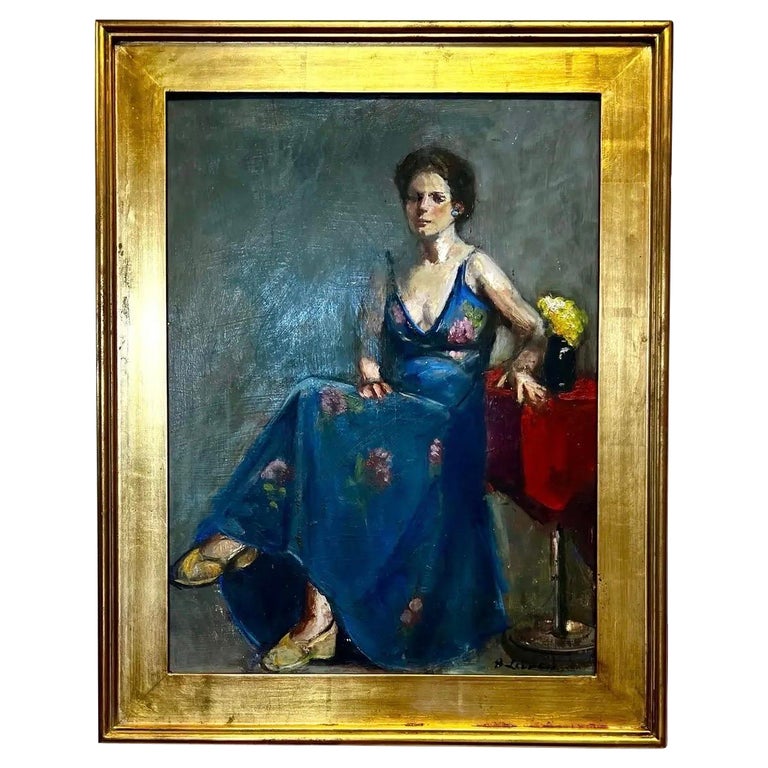 Original Signed Oil Painting Portrait of Woman Seated in Blue Dress Mid  Century at 1stDibs
