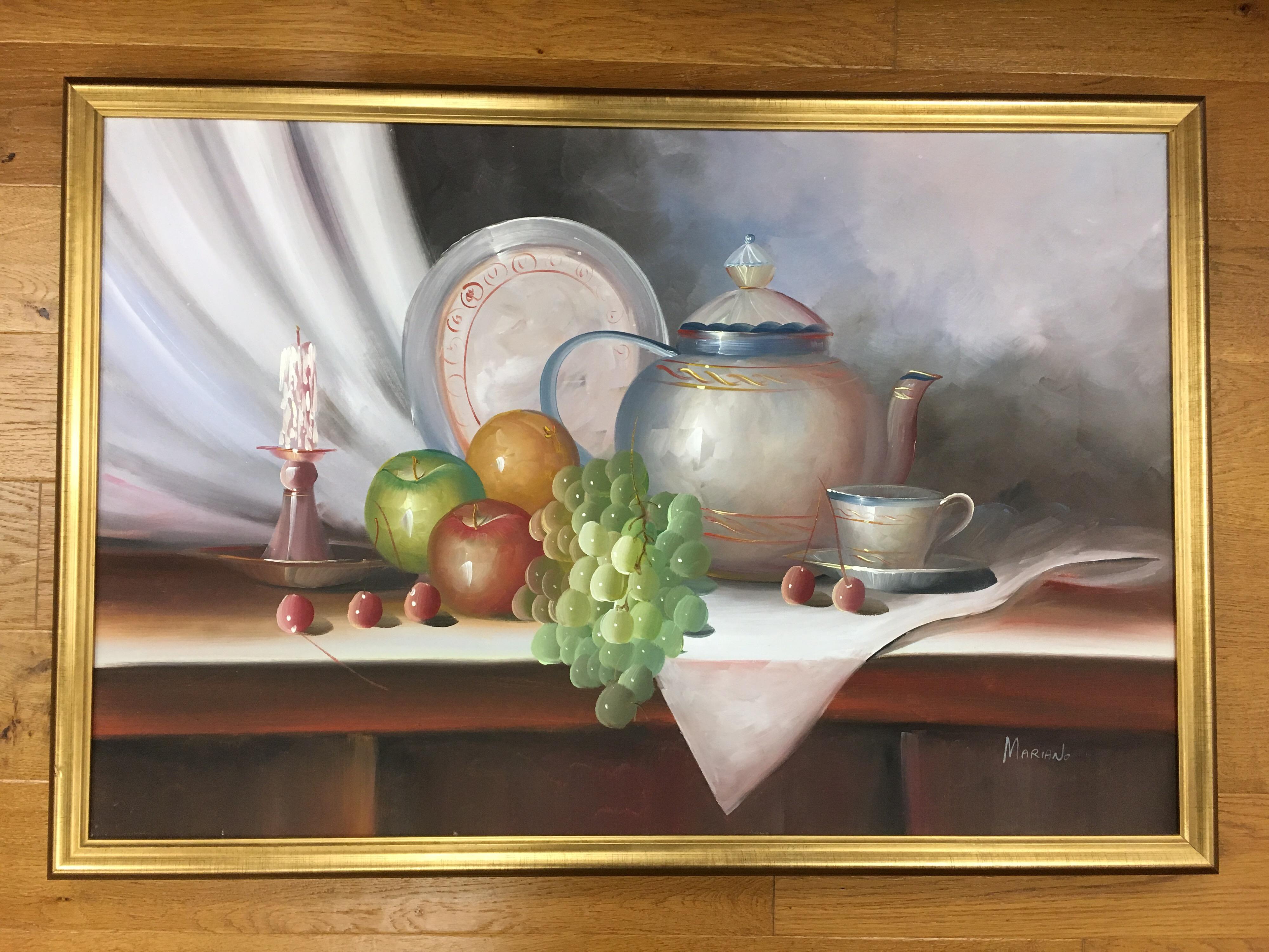 Huile sur toile signée par l'artiste Mariano, vers les années 1970. Des couleurs vives partout. L'état est excellent.