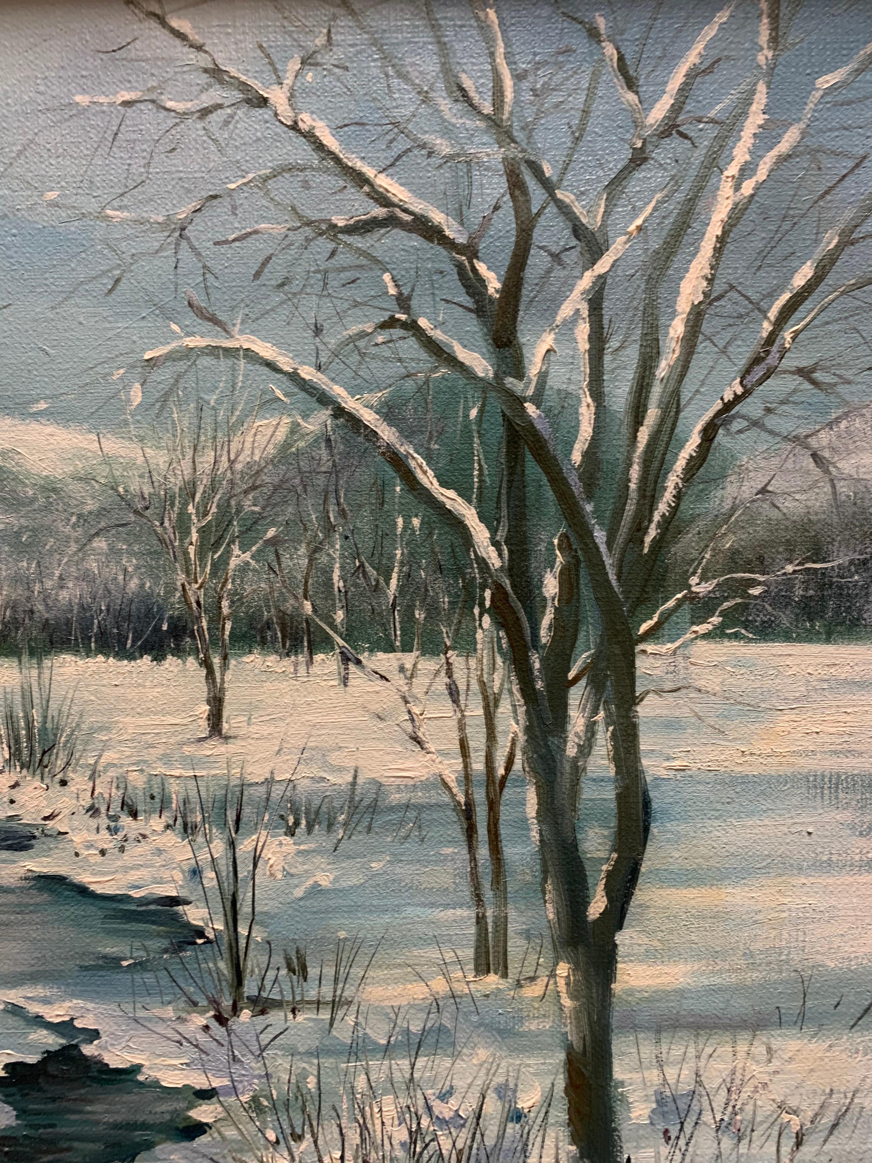 Original vintage signed oil painting of a snowy winter landscape, most likely Vermont. Signed by the artist on lower right but signature is hard to make out. Medius is oil on canvas and frame is original.