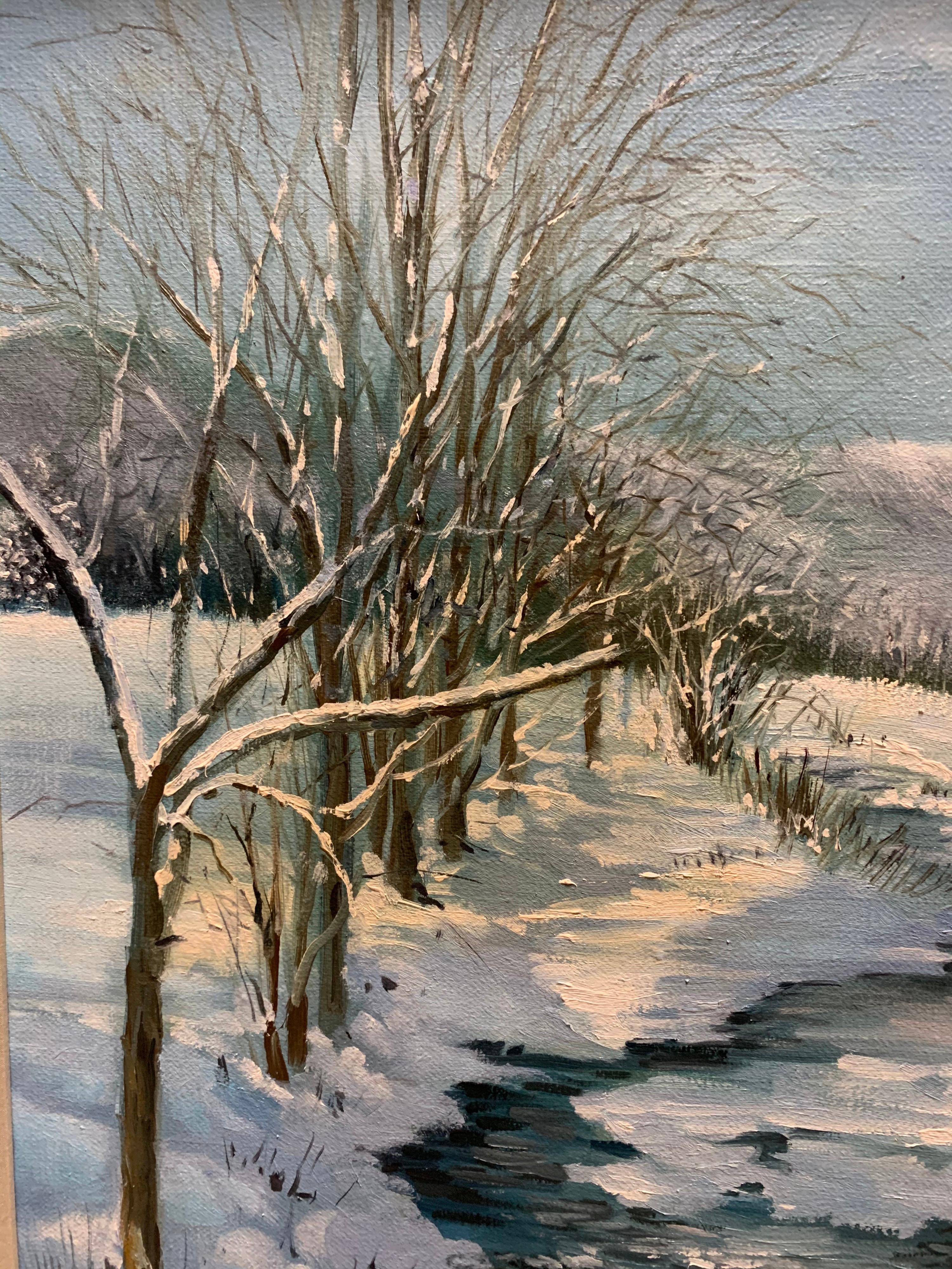 20th Century Original Signed Painting New England Winter Landscape