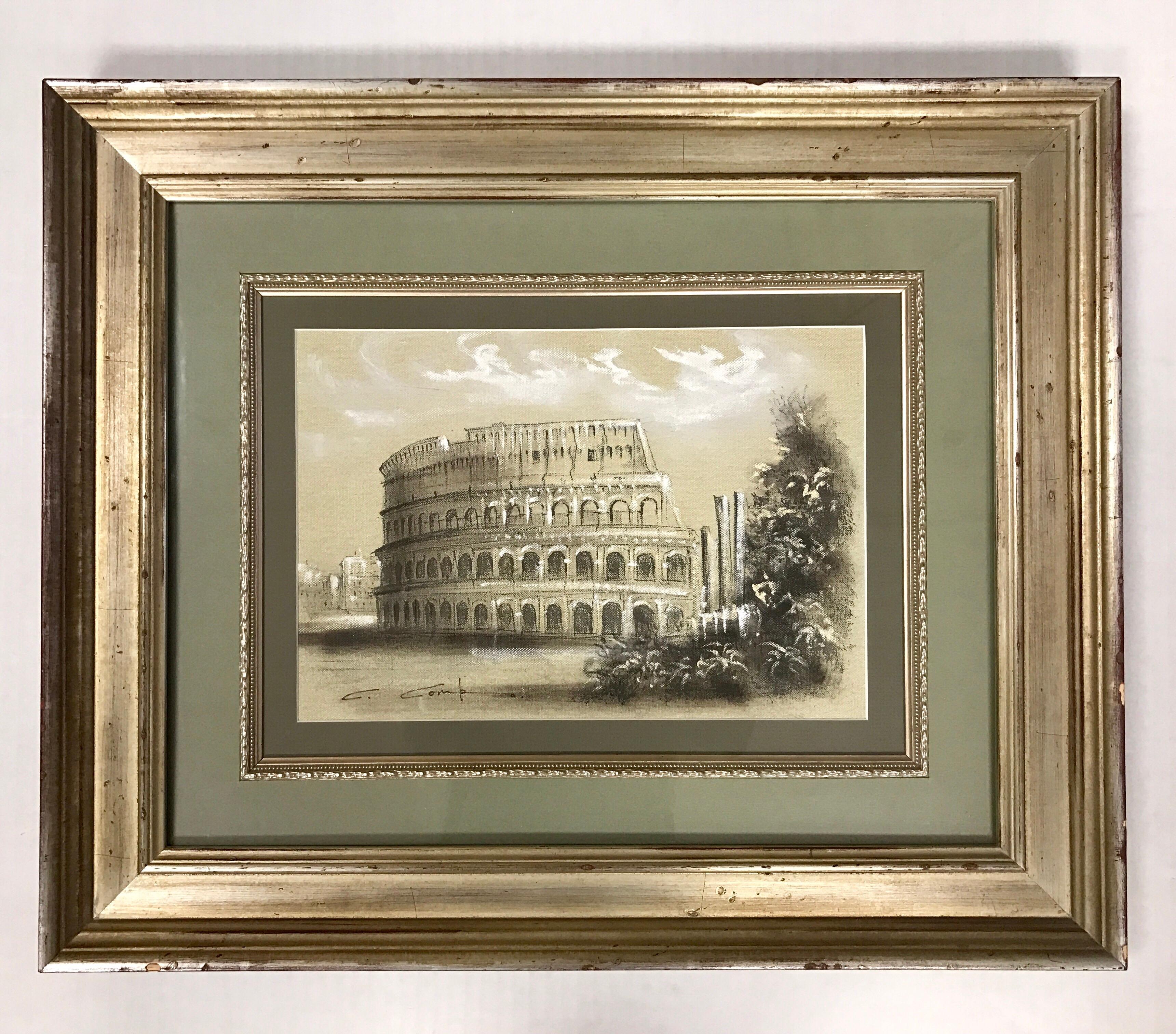 From Italy, this lovely pair of signed paintings of the Colosseum and Trevi fountain and gorgeous and framed and protected glass top. Artist signature is present but illegible. Medium is some sort of paint.