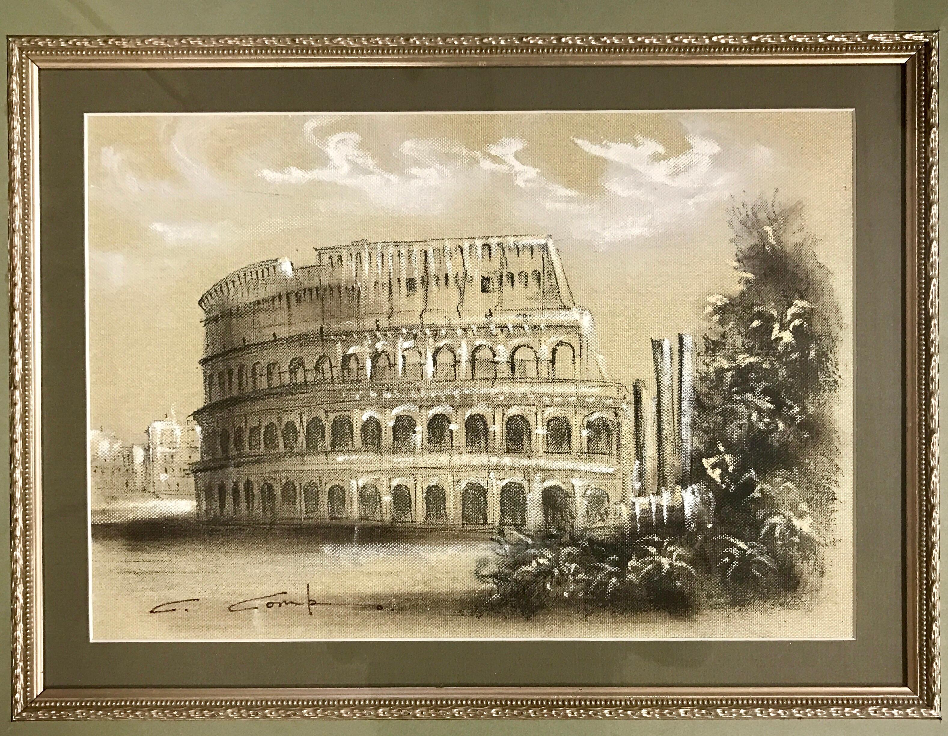 Italian Original Signed Paintings of Italy Roman Colosseum and Trevi Fountain