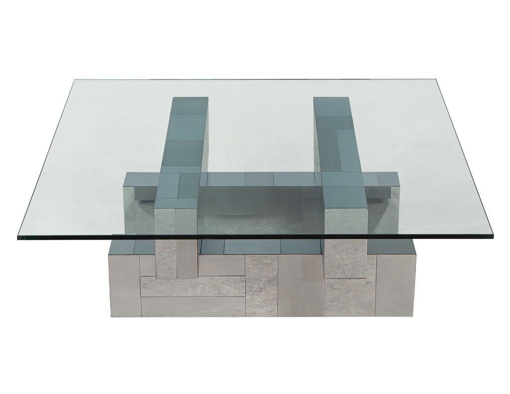 Original signed Paul Evans cityscape metal geometric cocktail table. Composed of polished and brushed stainless steel metal in an iconic Paul Evans cityscape design. All original in good condition, wear consistent with age and use.
Price includes