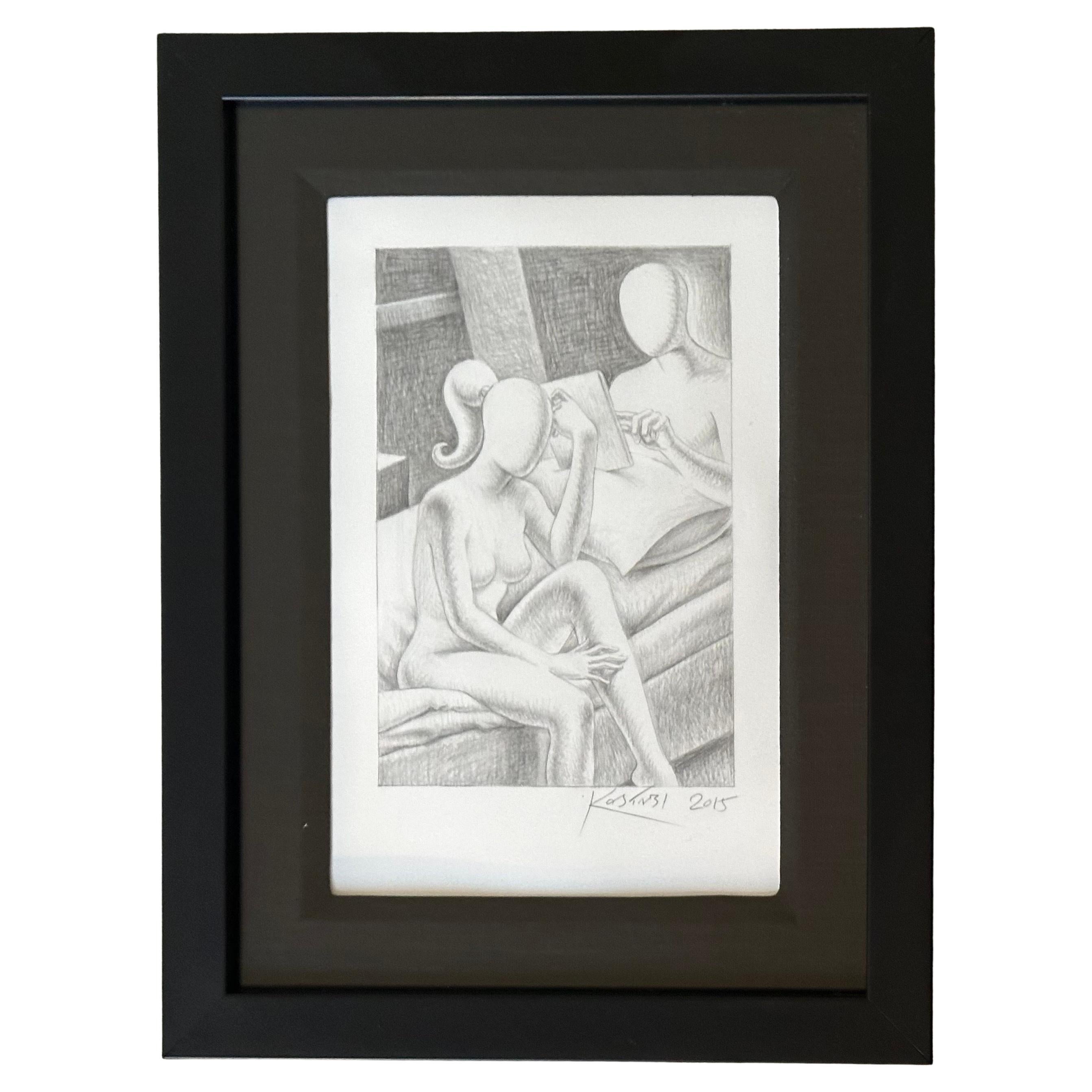 Original Signed Pencil Drawing Entitled "Breakfast in Bed" by Mark Kostabi
