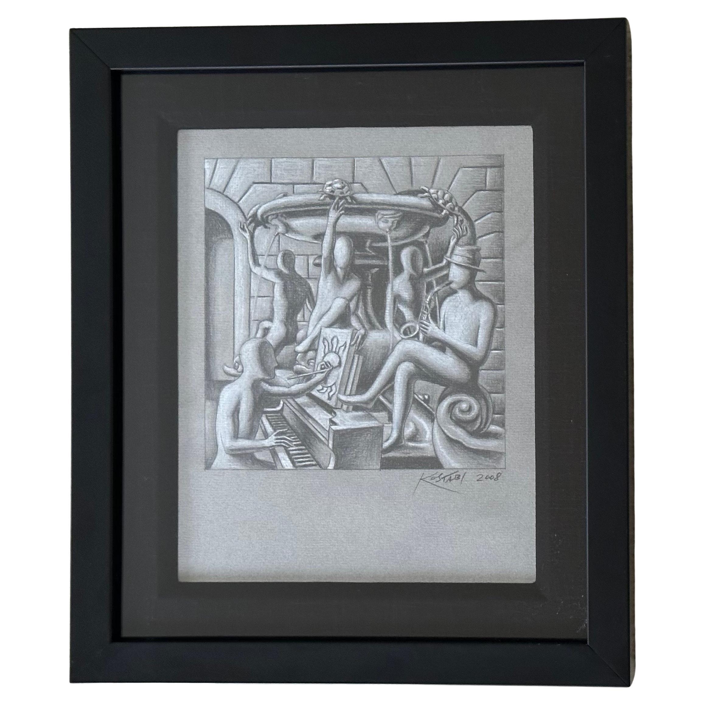 Disegno a matita originale firmato intitolato "Letting it Flow" di Mark Kostabi in vendita