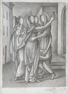 Dibujo a lápiz original firmado y titulado "Re-visitación" de Mark Kostabi