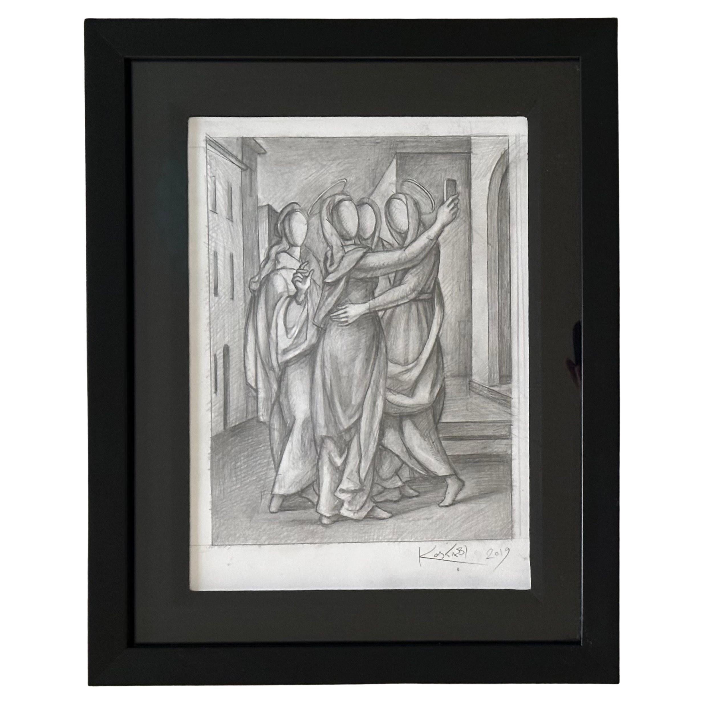 Dibujo a lápiz original firmado y titulado "Re-visitación" de Mark Kostabi en venta