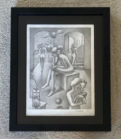 Dibujo a lápiz original firmado titulado "Al alcance de la mano" de Mark Kostabi