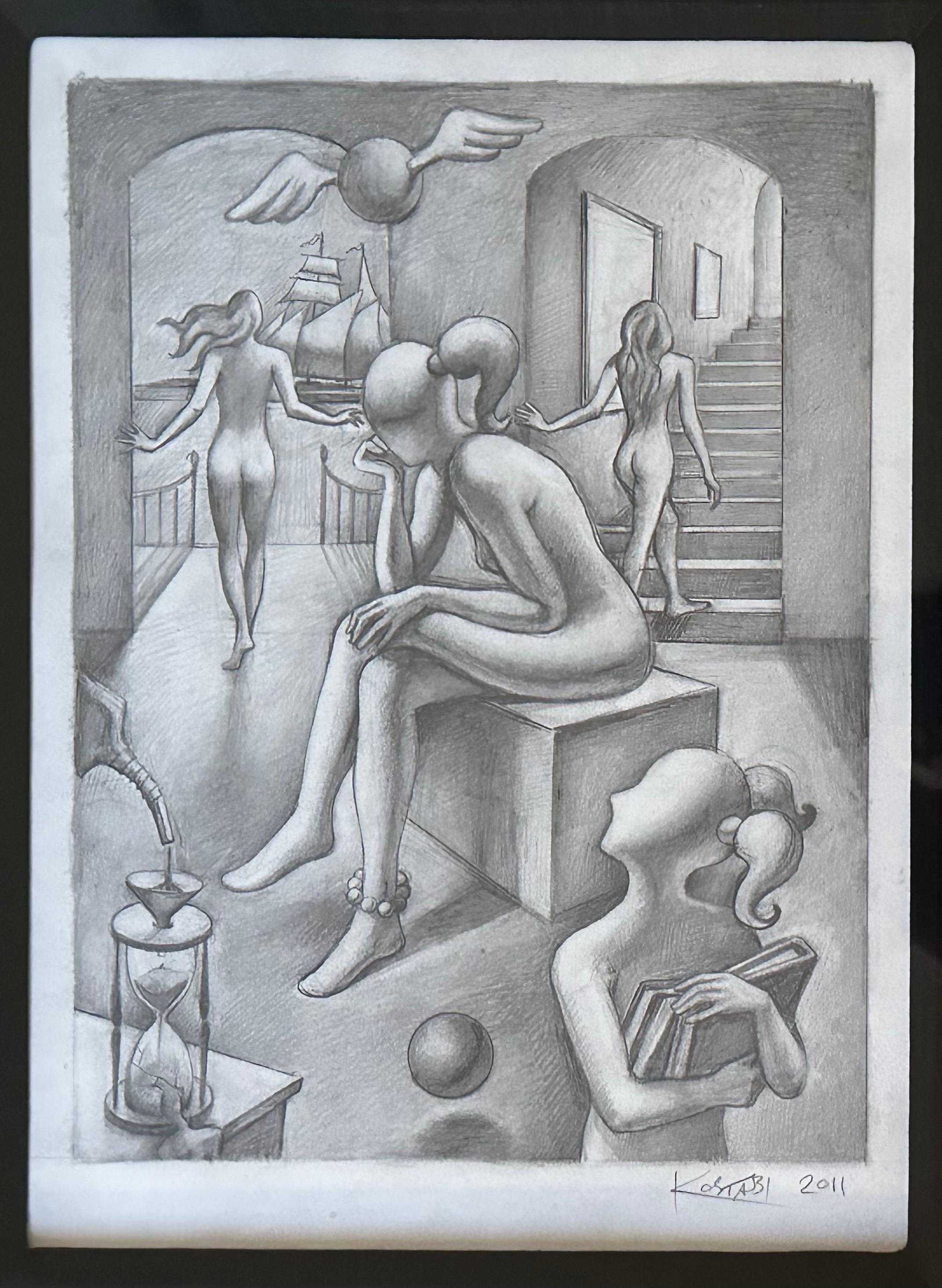Bois Dessin original signé au crayon intitulé « Within Reach » de Mark Kostabi en vente