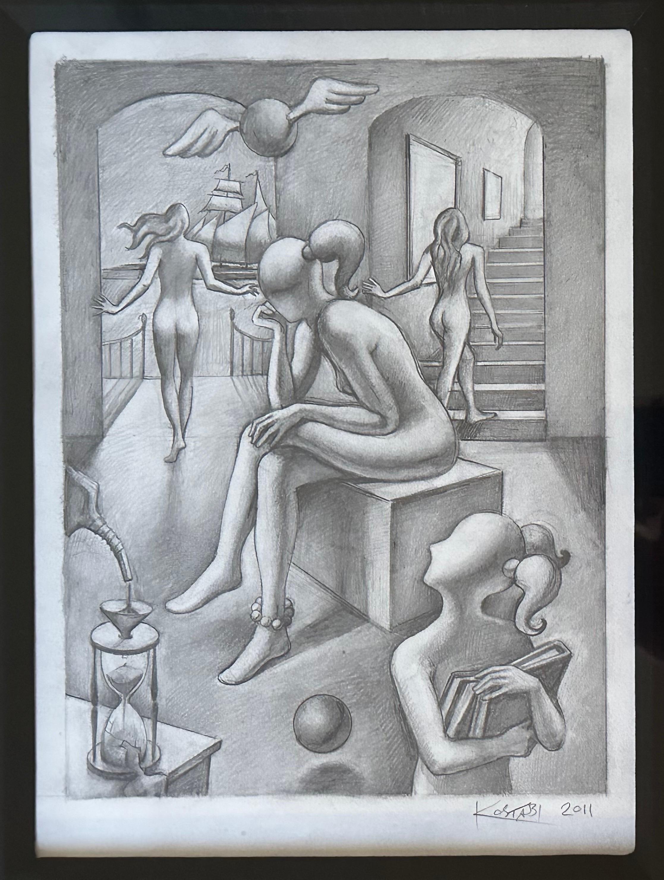 Dessin original signé au crayon intitulé « Within Reach » de Mark Kostabi en vente 2