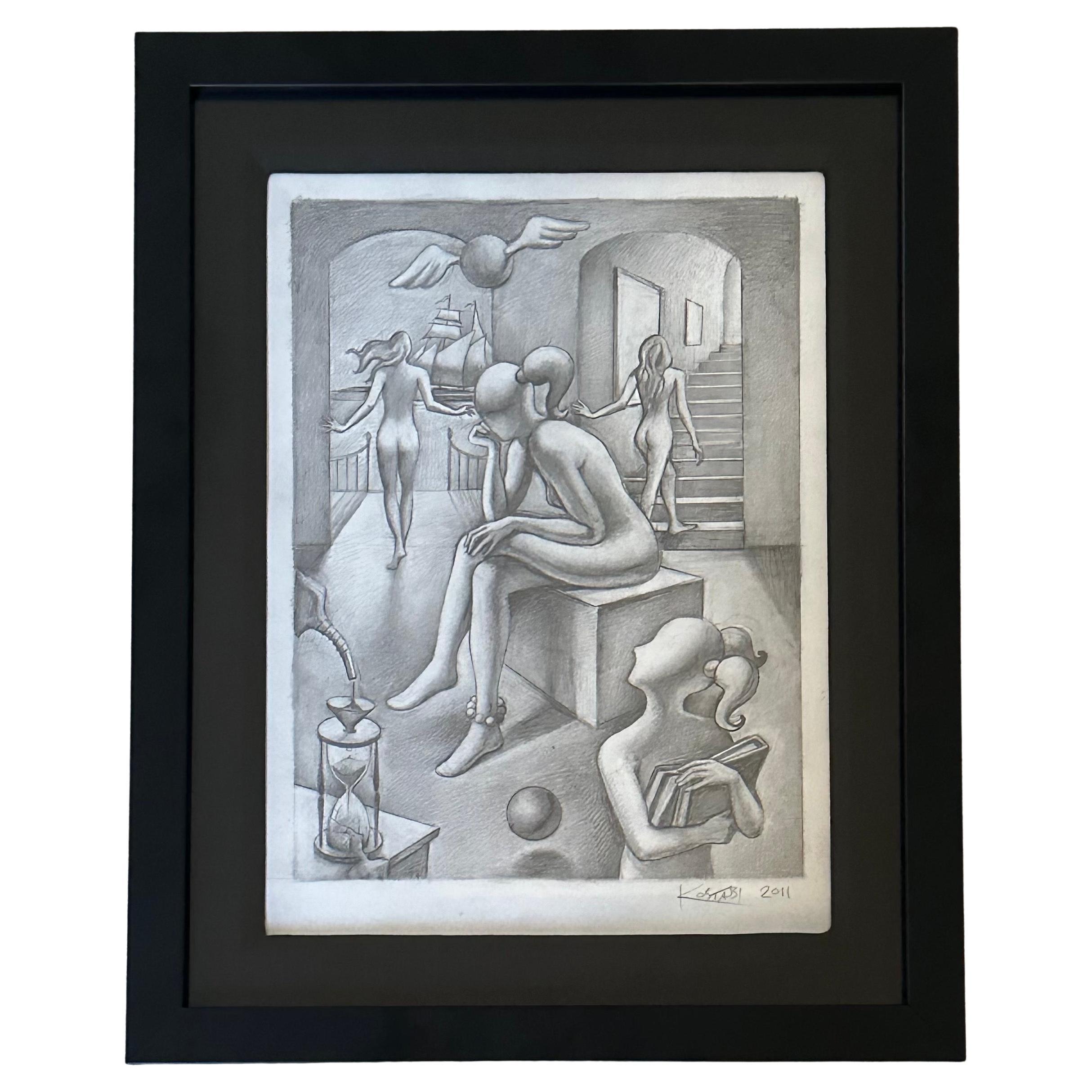 Original Signed Pencil Drawing Entitled "Within Reach" by Mark Kostabi