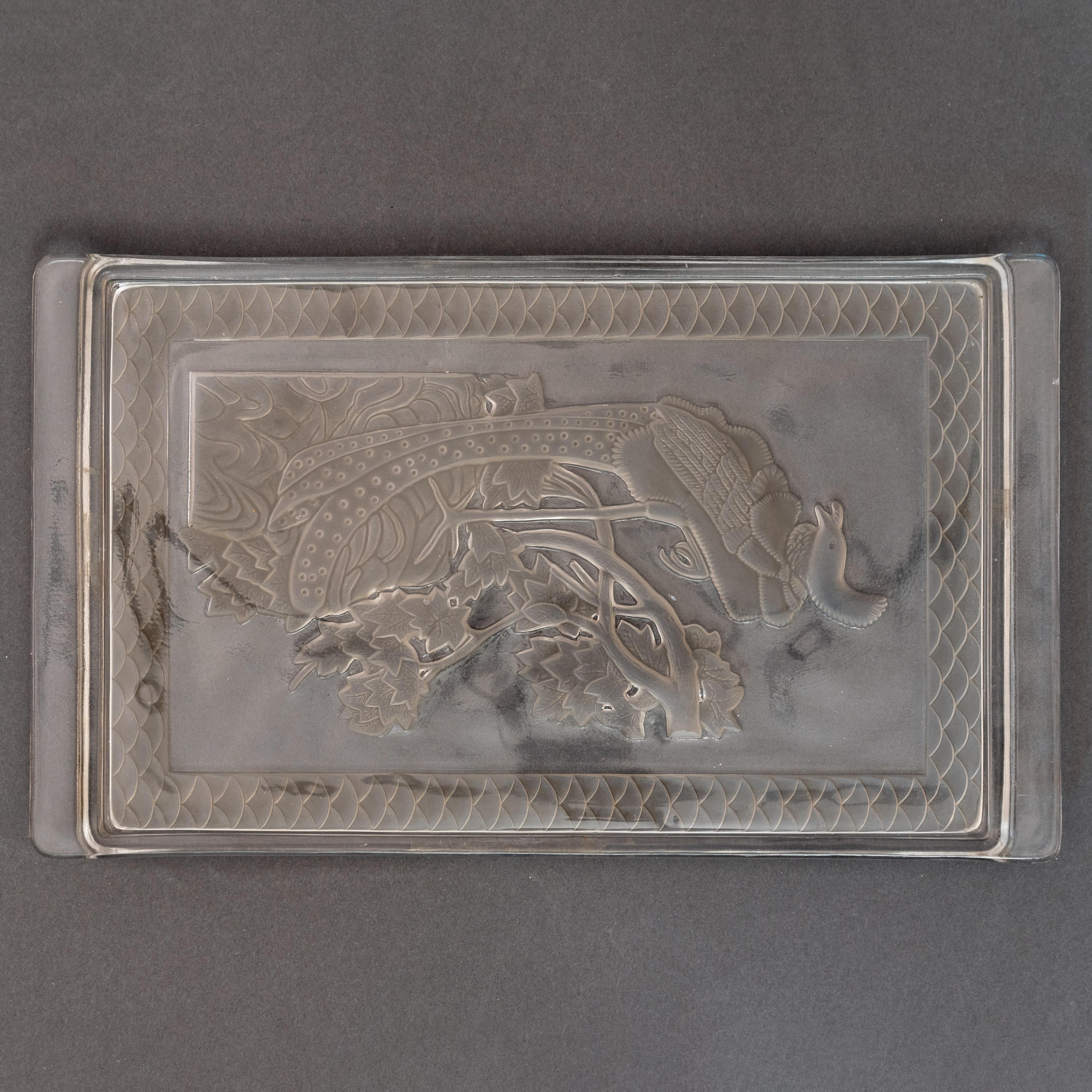 Elegant Vintage Signed René Lalique Crystal Tray 
Long clear glass having a frosted decoration.
