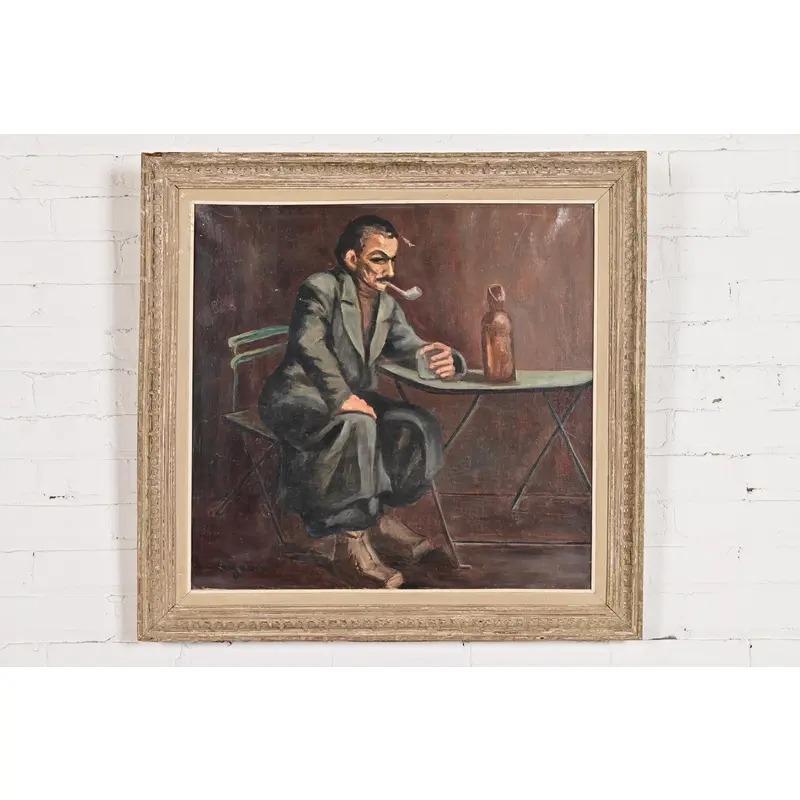 Ein schönes Original-Ölgemälde auf Leinwand eines trinkenden Mannes in geschnitztem Holzrahmen

Von Roberte Holly-Logeais (signiert unten links)

Deutschland, ca. Mitte des 20. Jahrhunderts

Maße: 29,5 