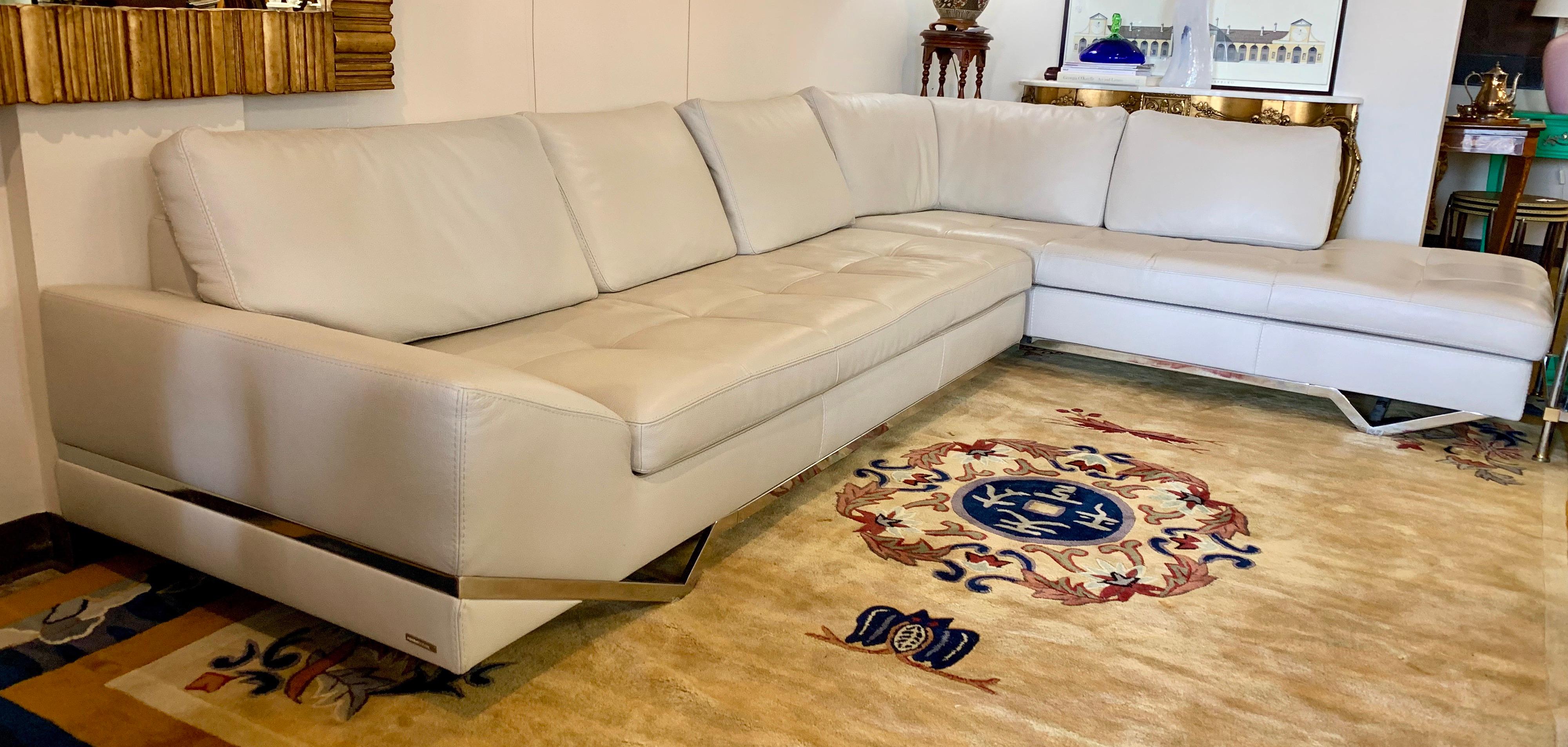Large two-piece Roche Bobois sectional sofa with the most gorgeous leather fabric. Purchased new a few years ago from Roche Bobois NYC, it has sat in a living room since then and was sat on very rarely.
As it is configured in the photos, its
