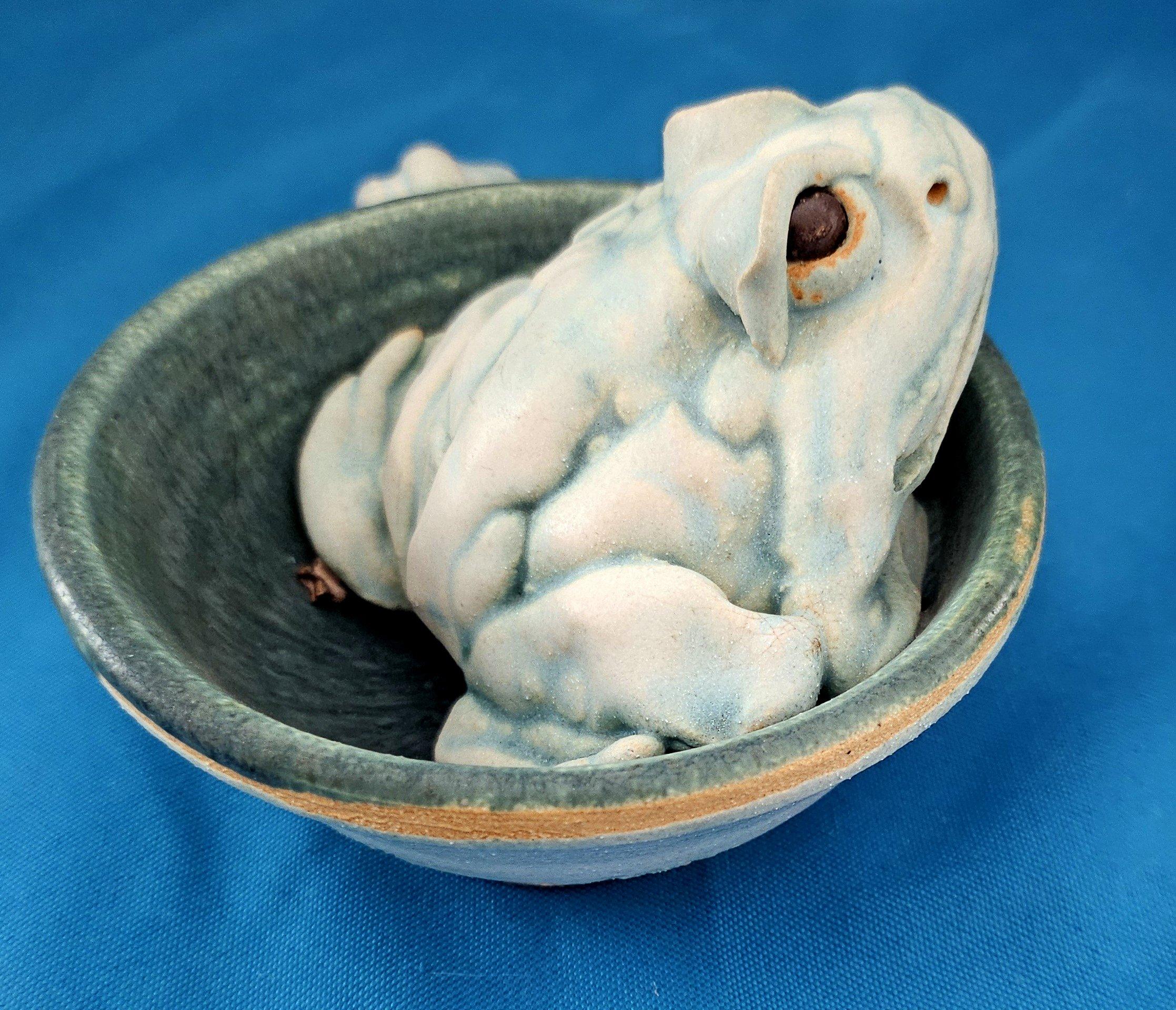Ceramica Scultura originale e firmata, una rana in una tazza in vendita