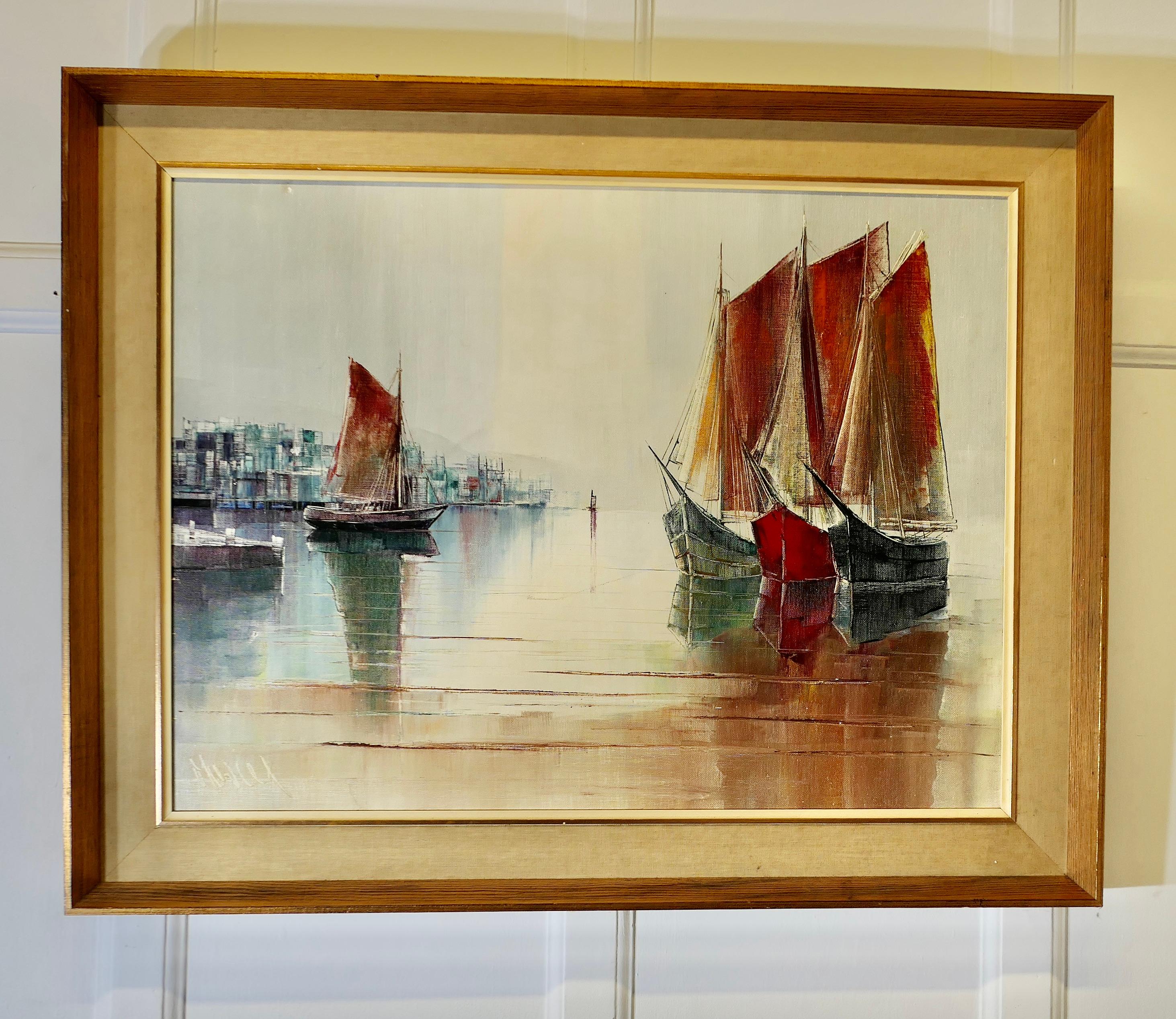 Original Signed Yachts in Harbour Oil Painting 

A desirable original decorative Oil on Canvas painting of Large Yachts and pewter signed “Muriel”, this is an oil painting on canvas, a very attractive piece from the 1960s  

The painting is in its