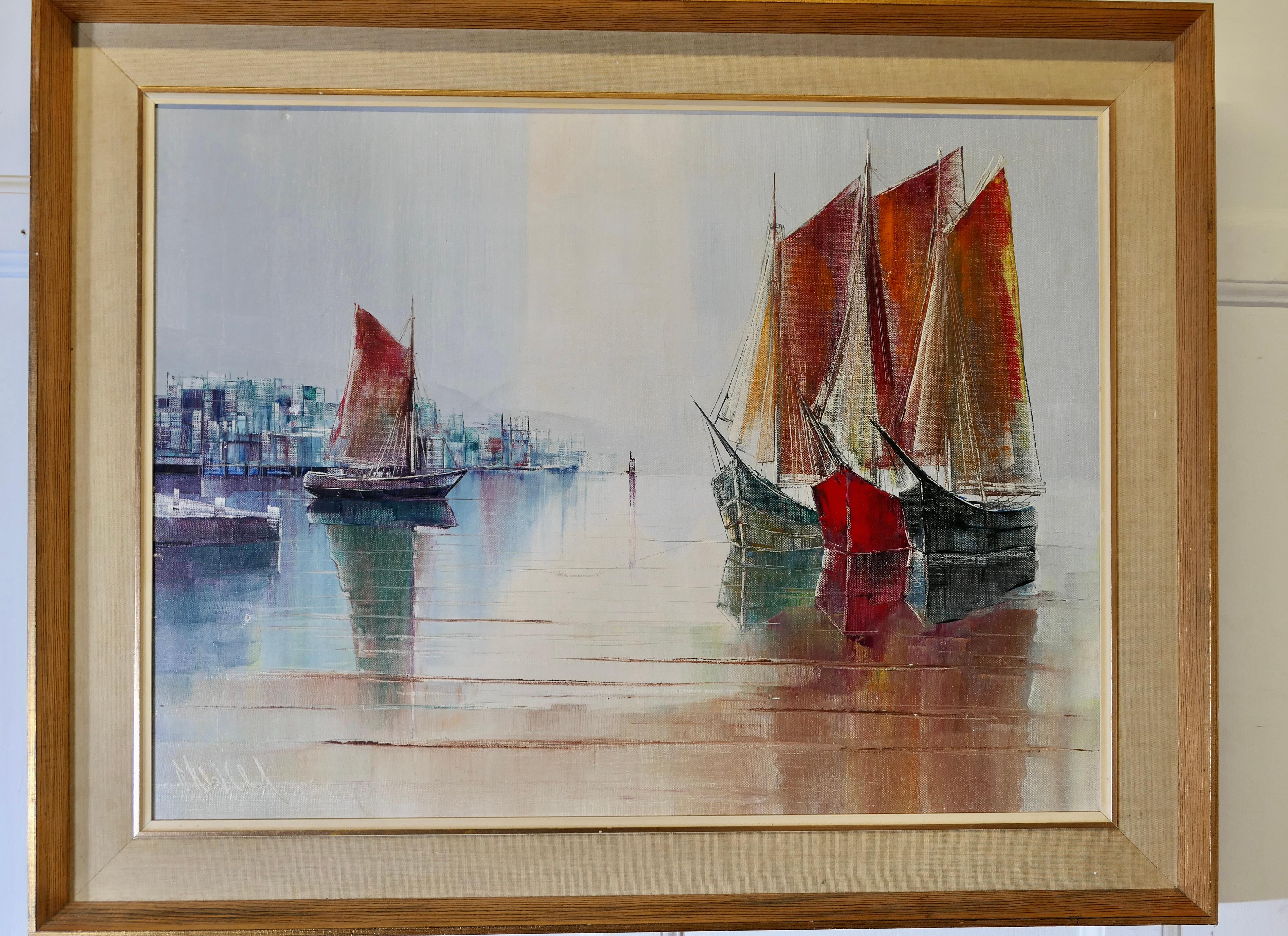 Mid-Century Modern Peinture à l'huile originale représentant des yachts de port signés   Un original désirable en vente