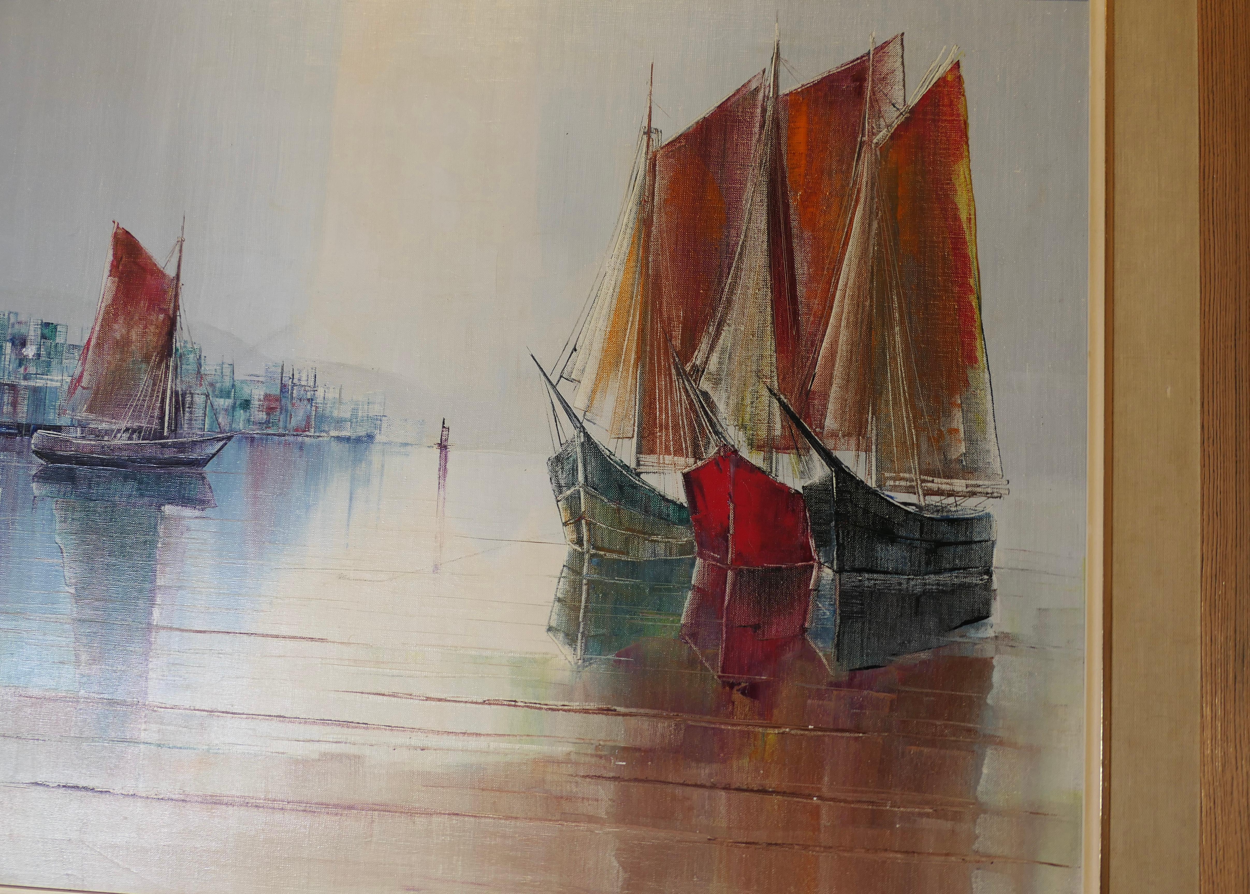 Toile Peinture à l'huile originale représentant des yachts de port signés   Un original désirable en vente