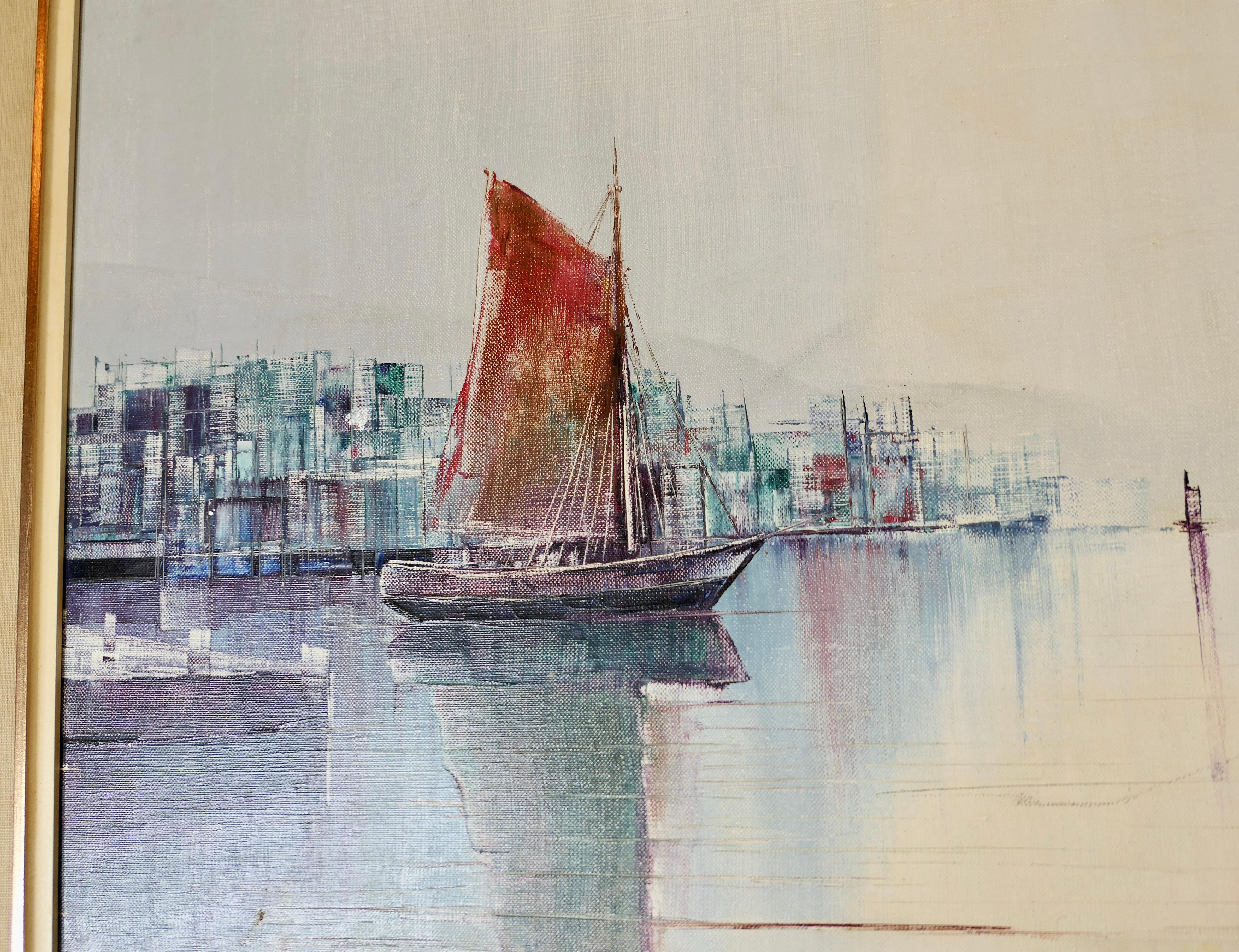 Peinture à l'huile originale représentant des yachts de port signés   Un original désirable en vente 1