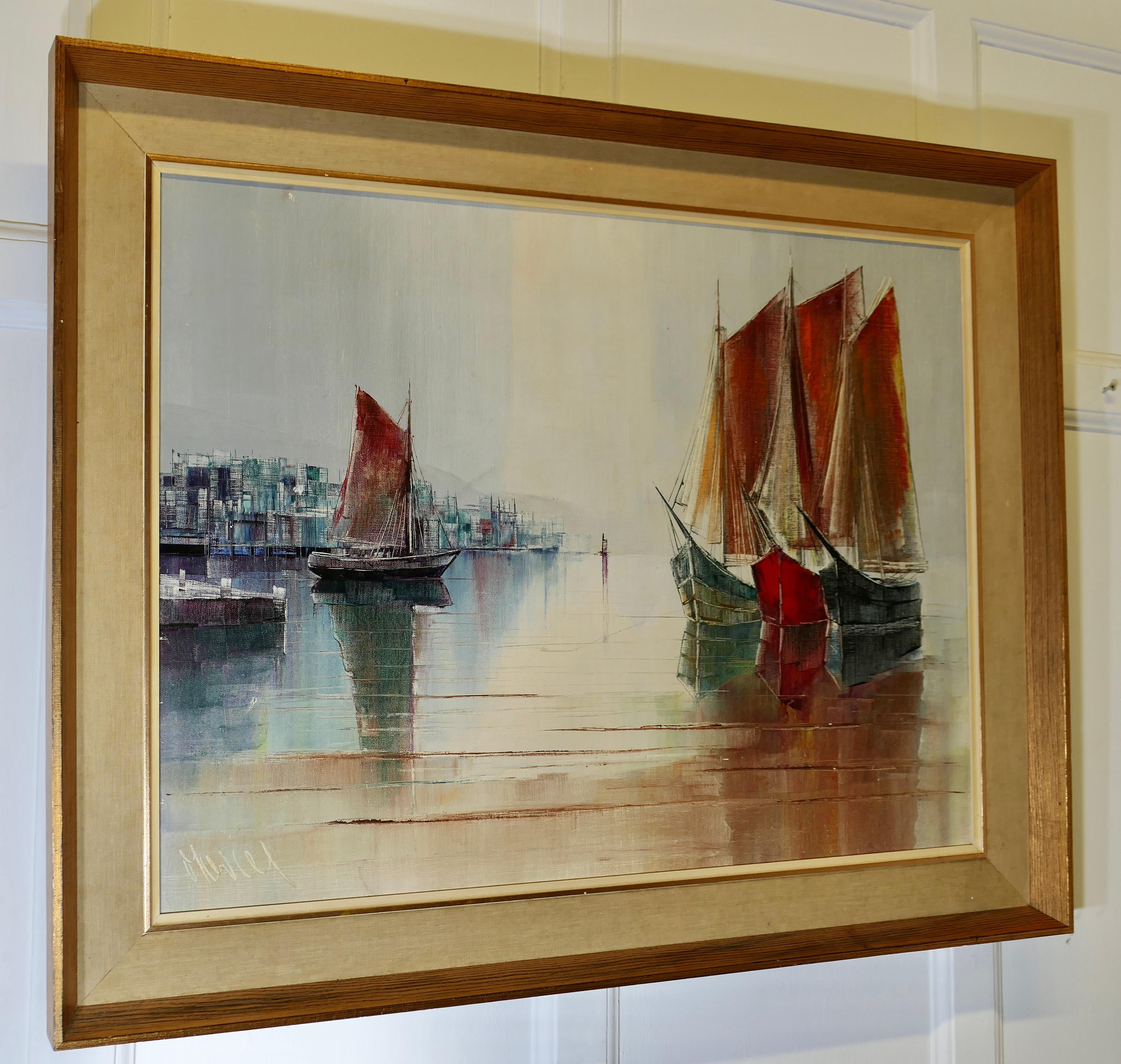 Peinture à l'huile originale représentant des yachts de port signés   Un original désirable en vente 2