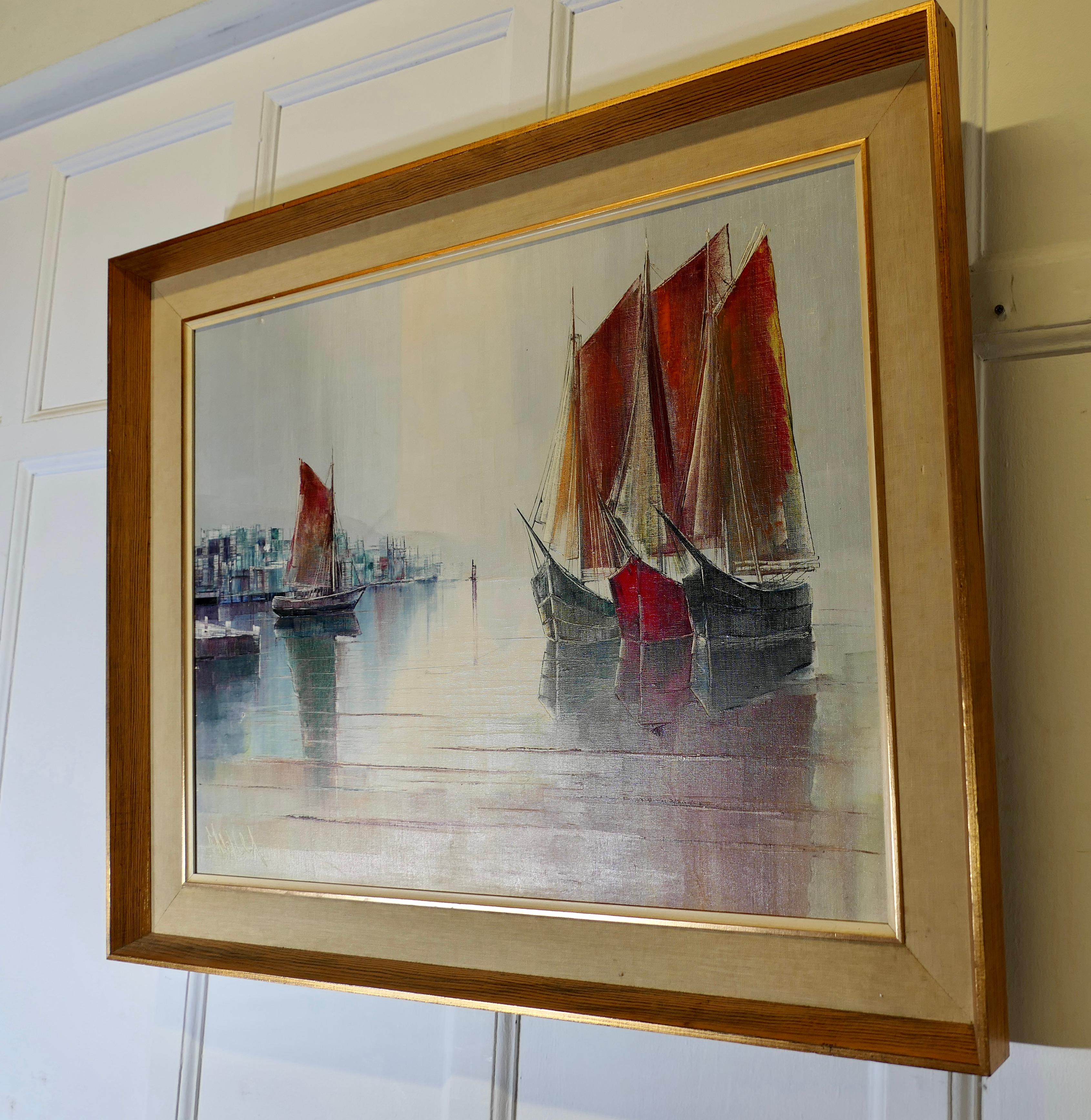 Peinture à l'huile originale représentant des yachts de port signés   Un original désirable en vente 3