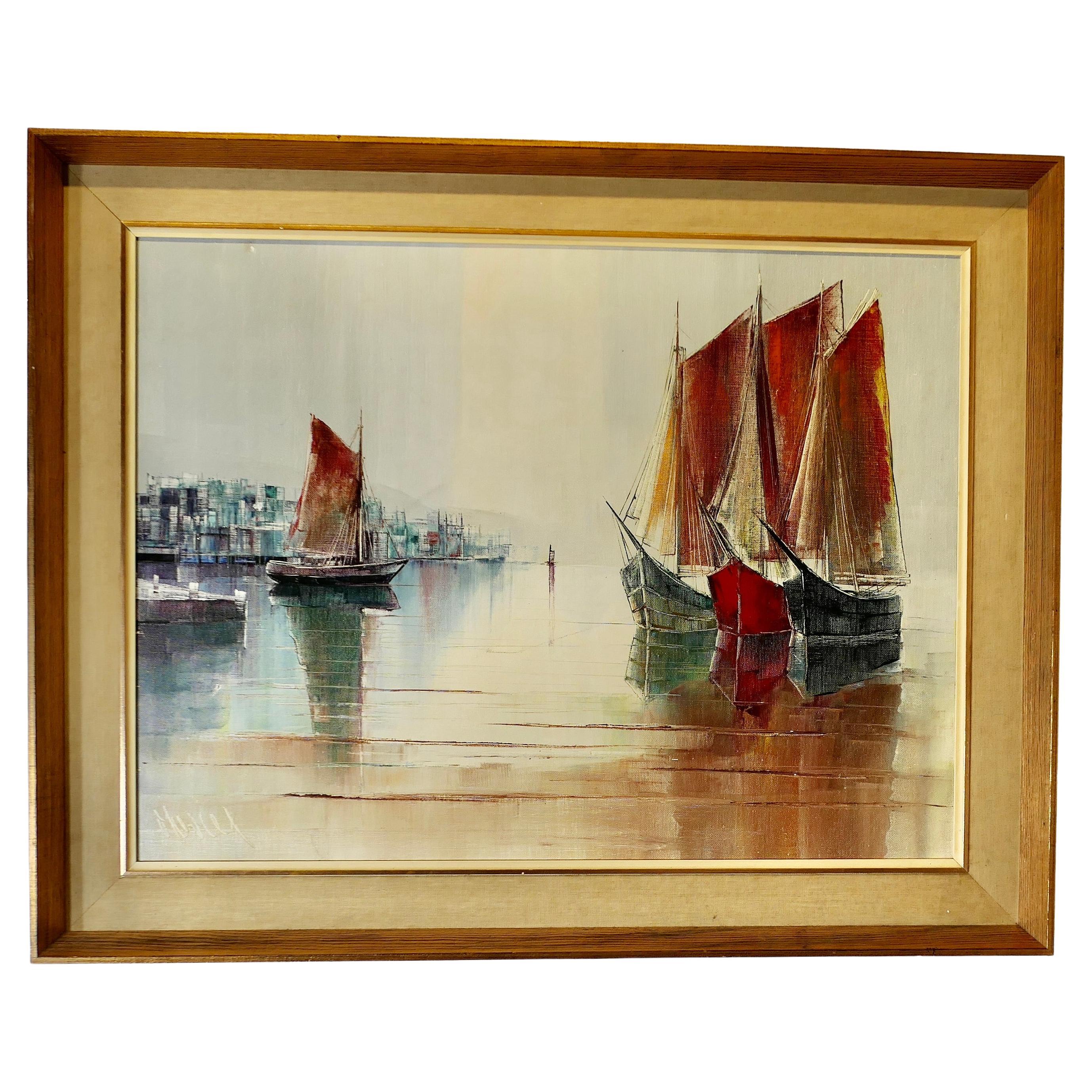 Original Signed Yachts in Harbour Oil Painting   A desirable original