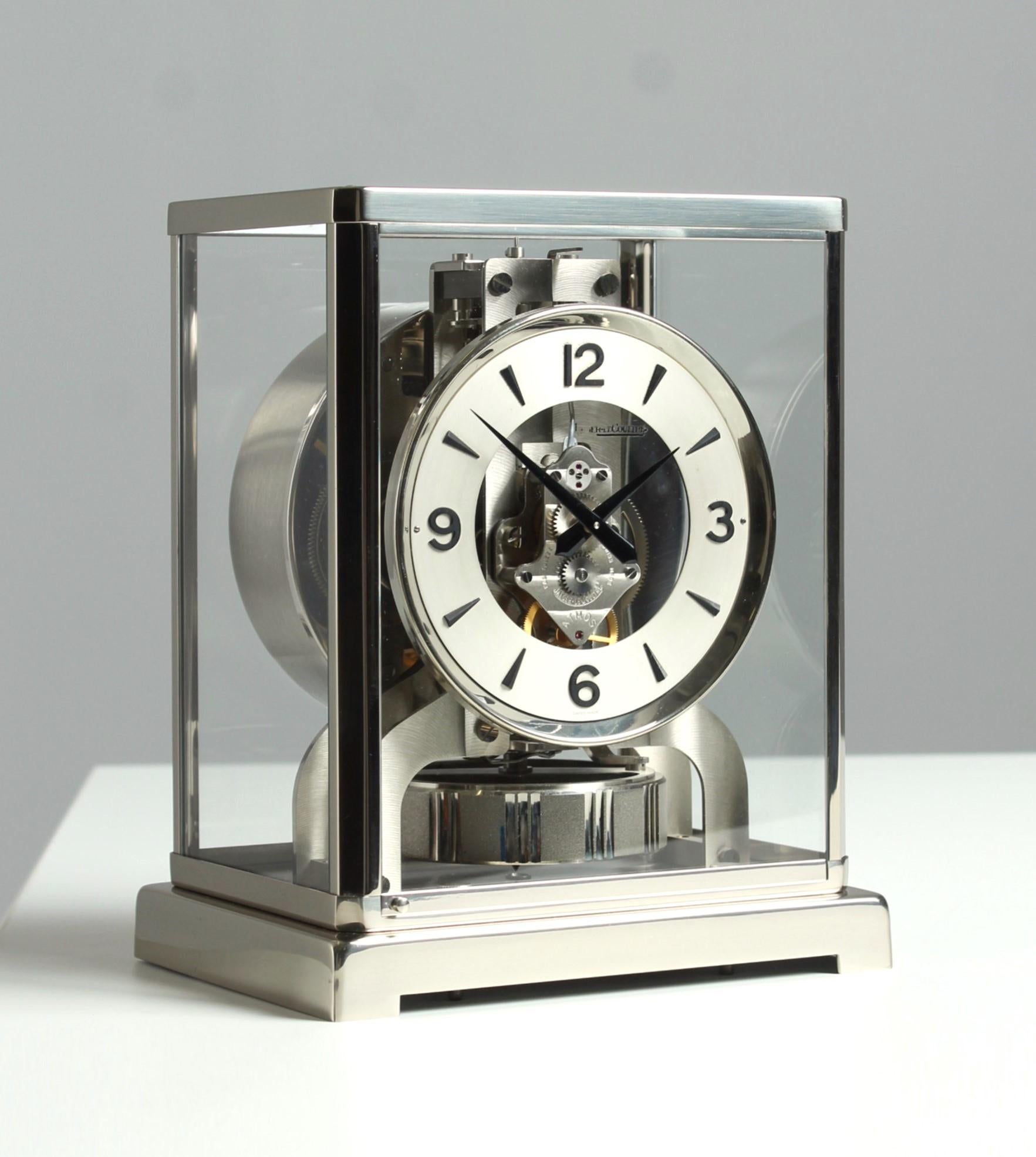 Swiss Original Silver Jaeger LeCoultre Atmos Clock with Console, from 1972 For Sale
